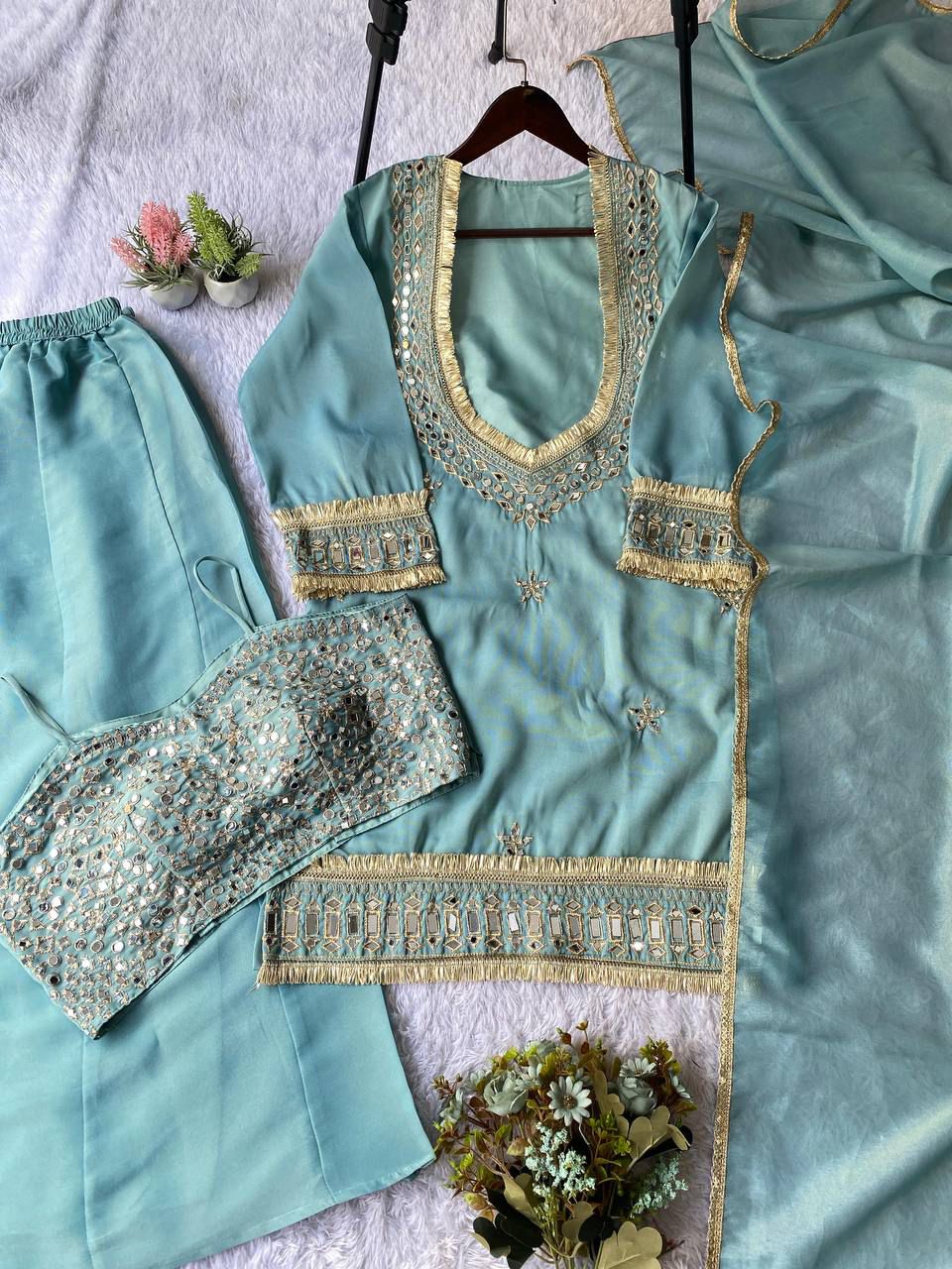 Exclusive 4 Piece Real Mirror Embroidery Cosmos Palazzo Set