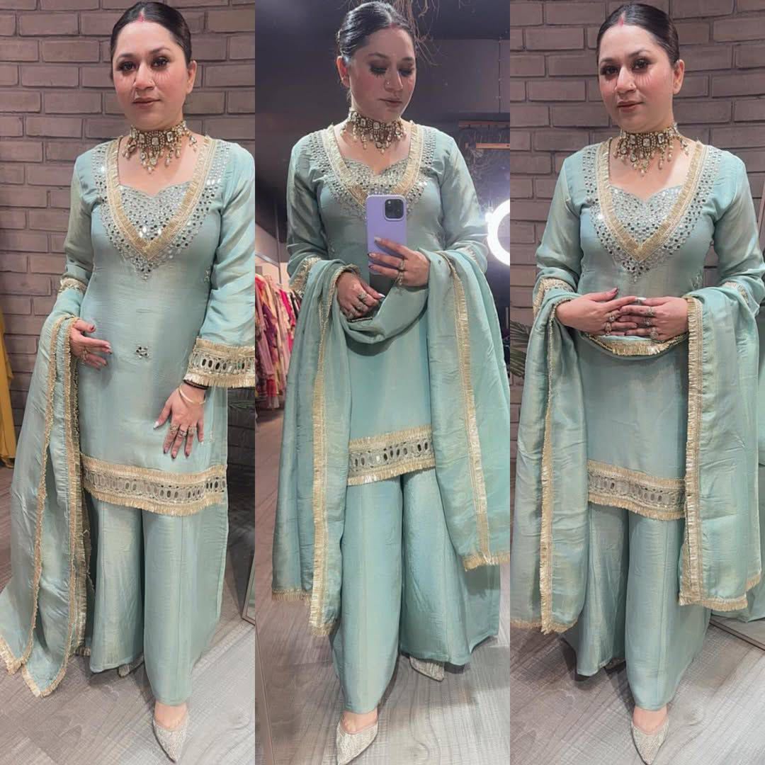Exclusive 4 Piece Real Mirror Embroidery Cosmos Palazzo Set