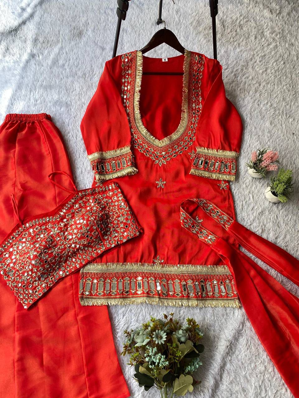 Exclusive 4 Piece Real Mirror Embroidery Cosmos Palazzo Set