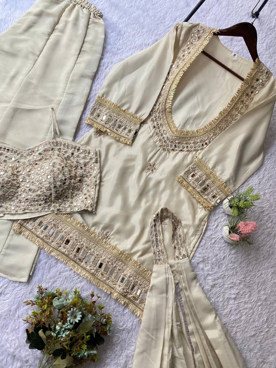 Exclusive 4 Piece Real Mirror Embroidery Cosmos Palazzo Set