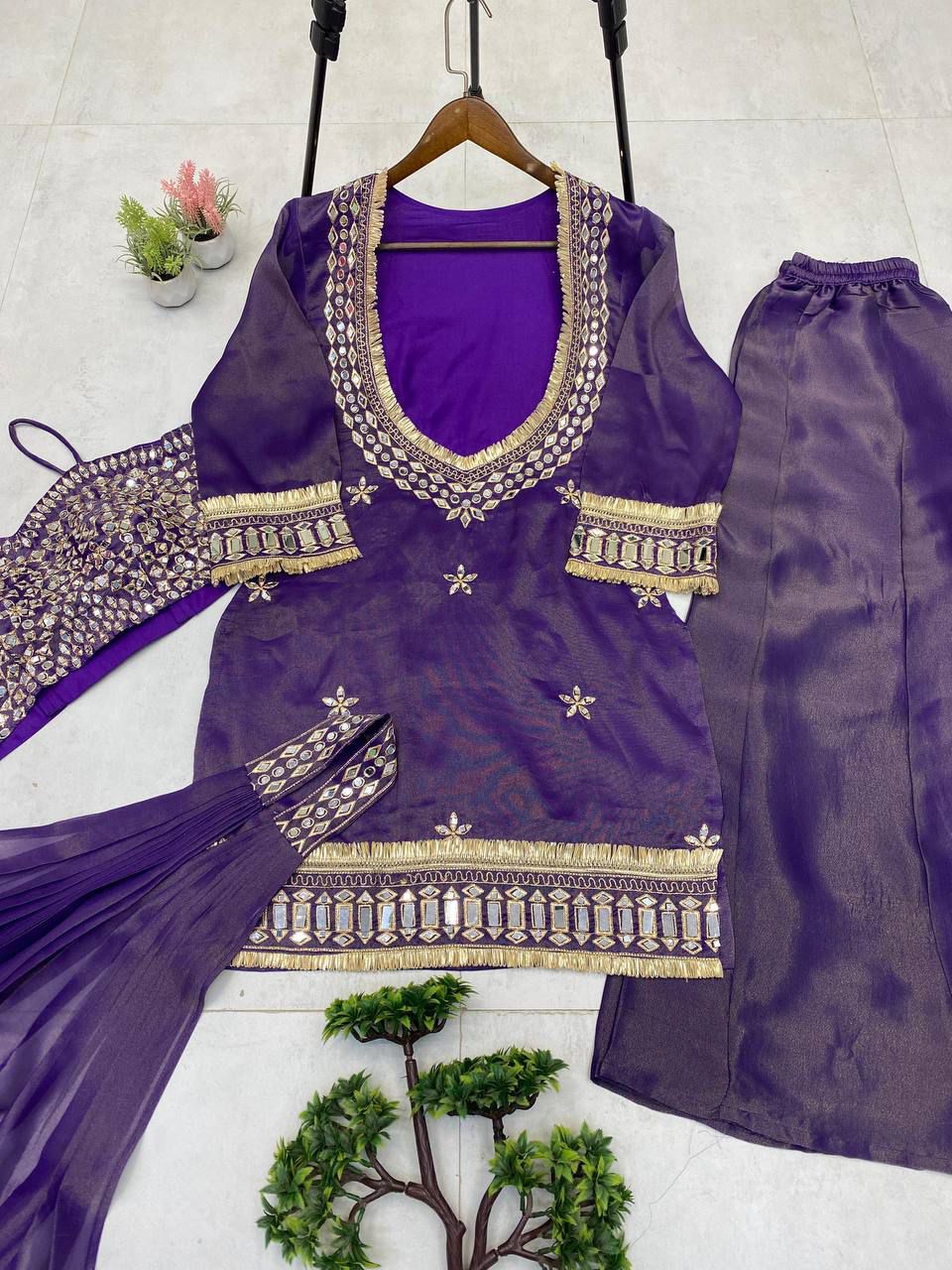 Exclusive 4 Piece Real Mirror Embroidery Cosmos Palazzo Set