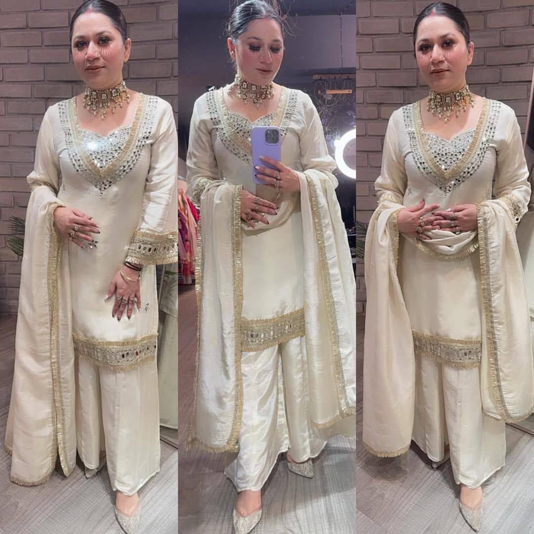 Exclusive 4 Piece Real Mirror Embroidery Cosmos Palazzo Set