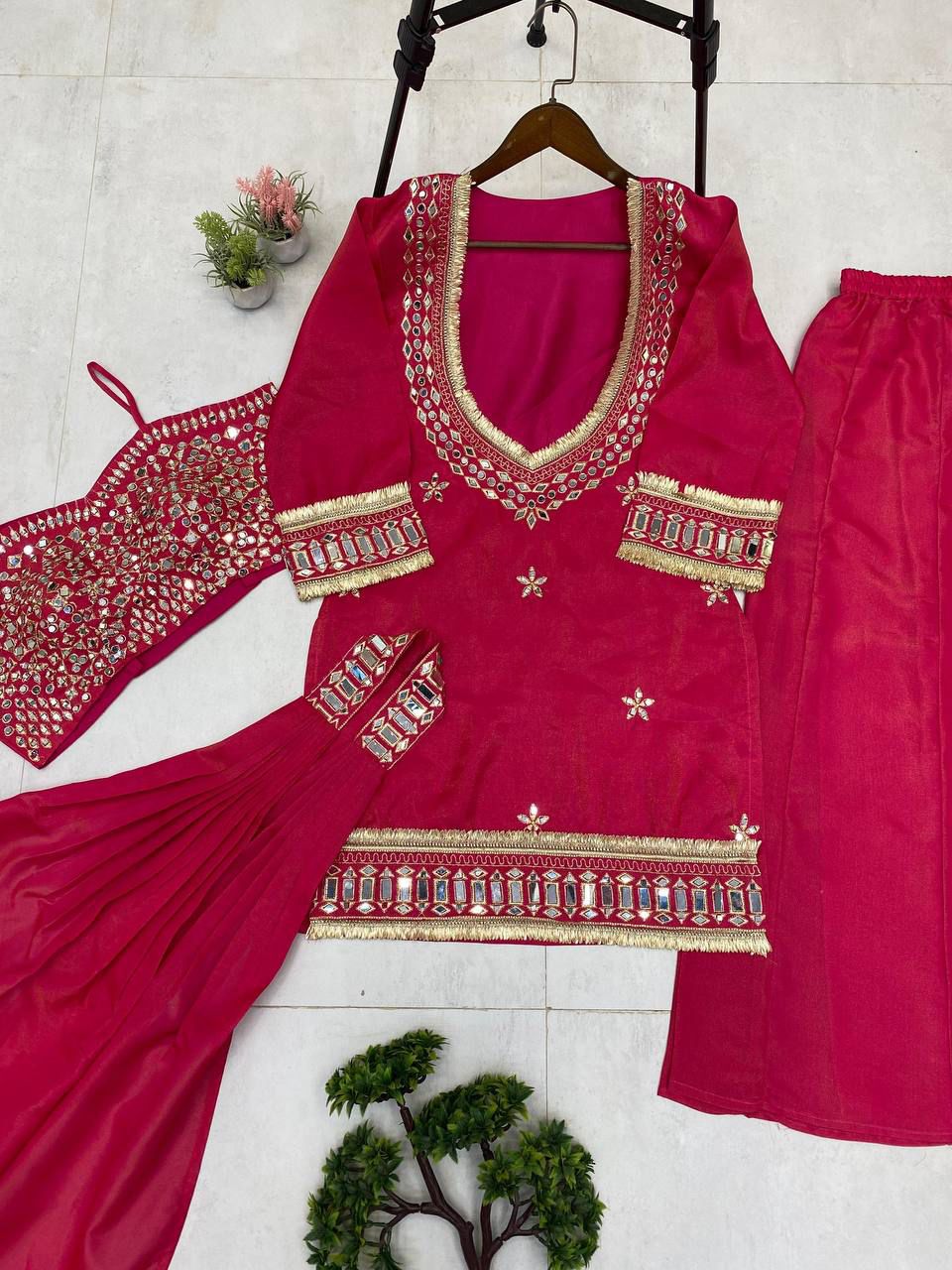 Exclusive 4 Piece Real Mirror Embroidery Cosmos Palazzo Set