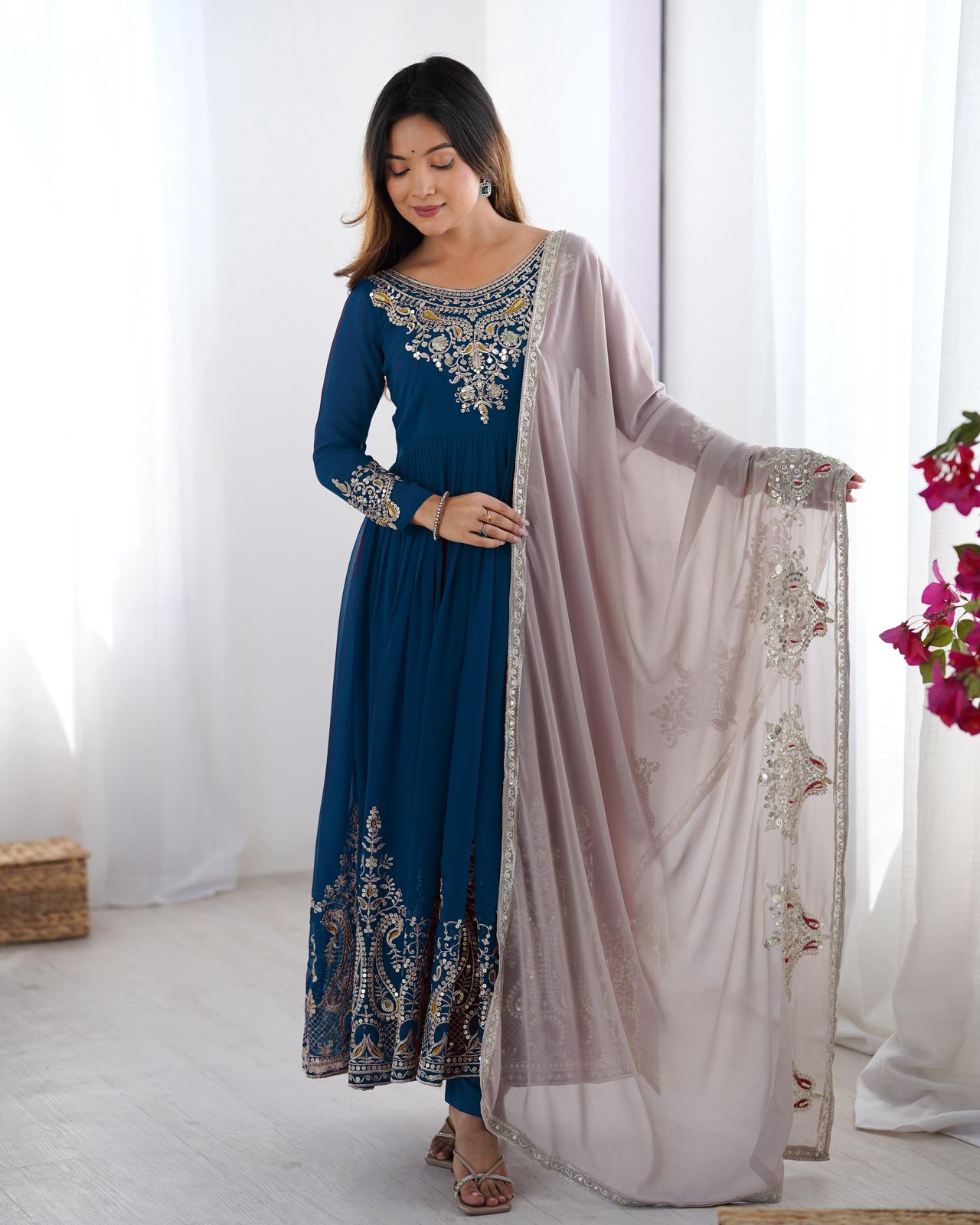 Elegant Embroidered Sequence Designer Anarkali 3 Piece Set