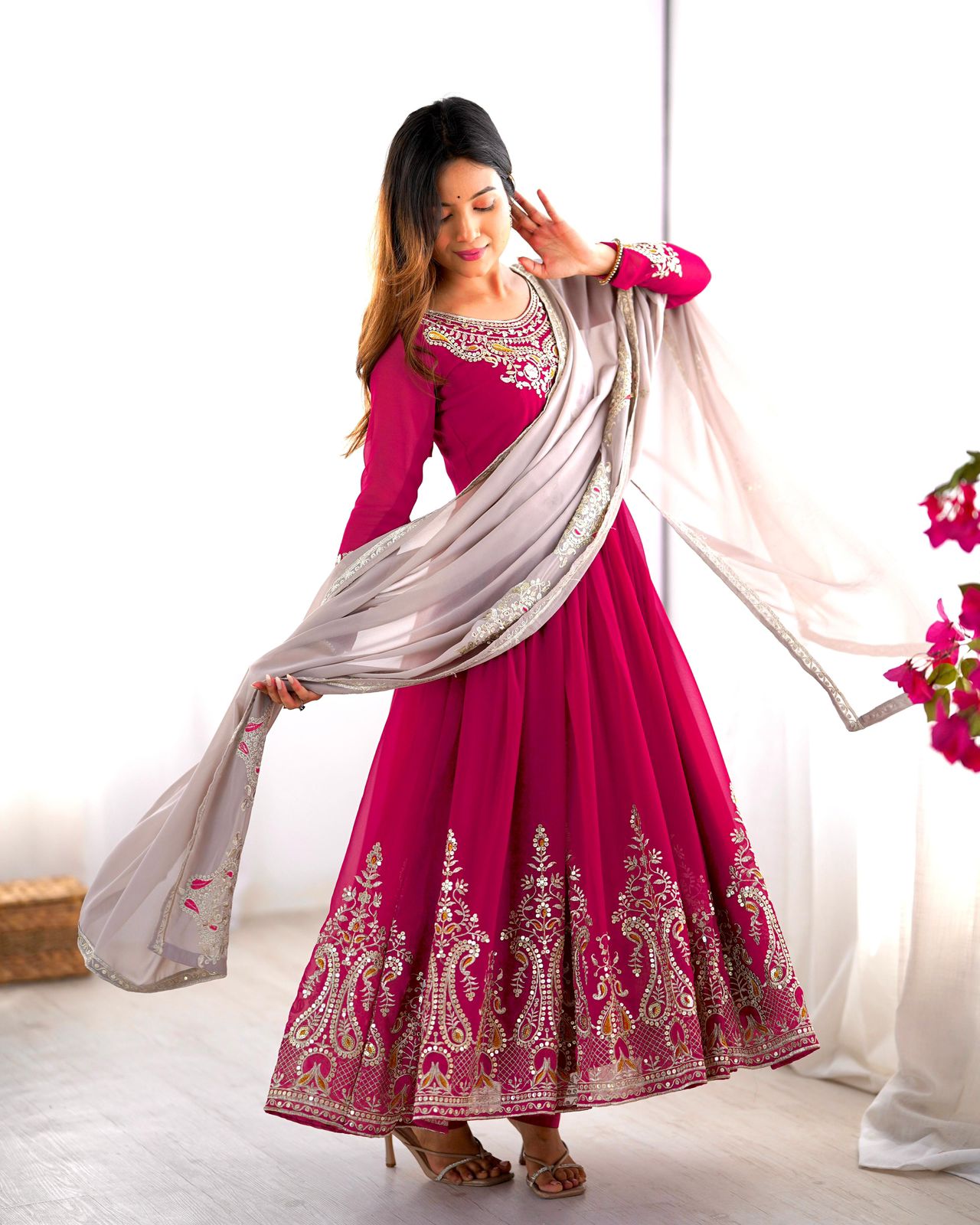 Elegant Embroidered Sequence Designer Anarkali 3 Piece Set
