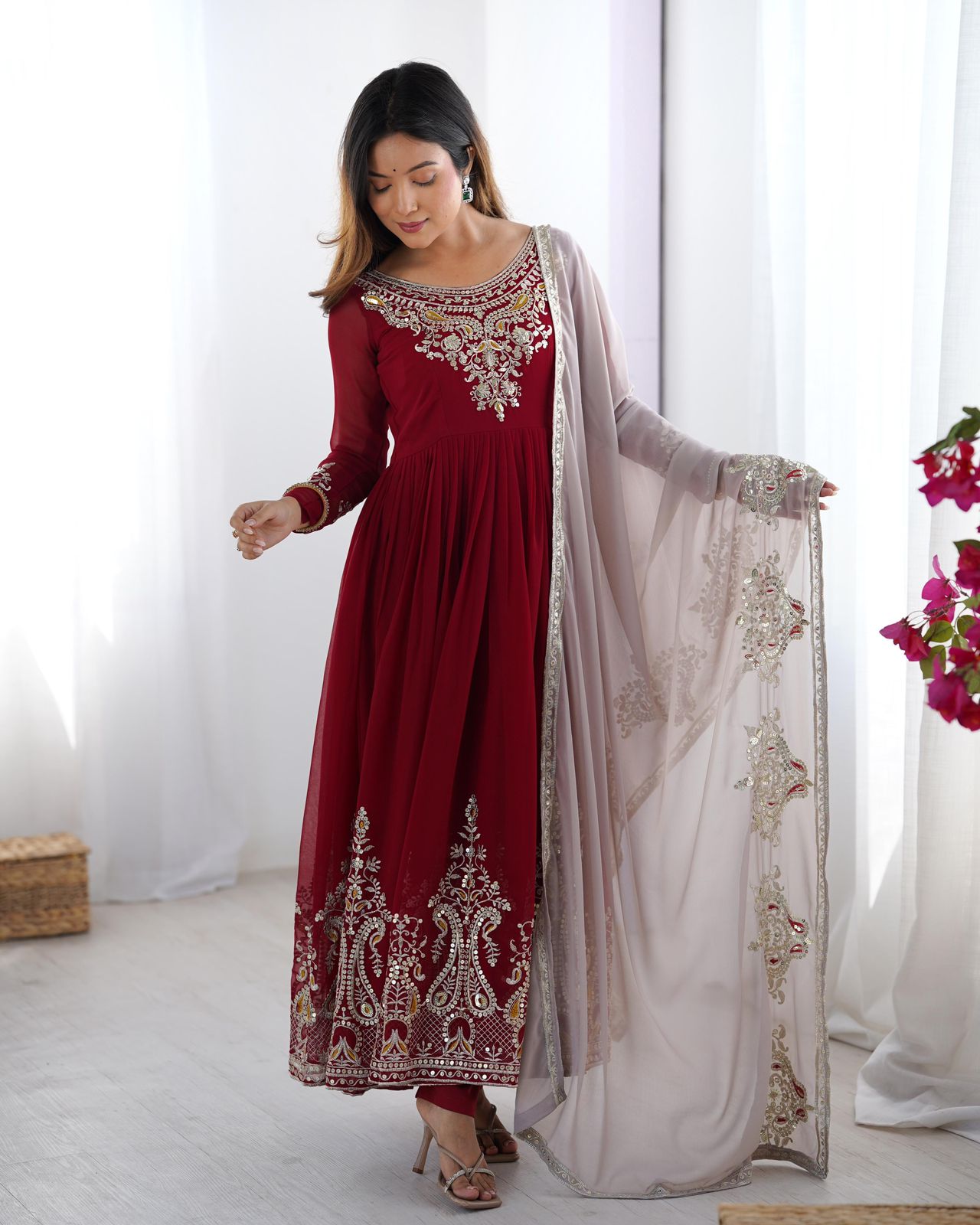 Elegant Embroidered Sequence Designer Anarkali 3 Piece Set