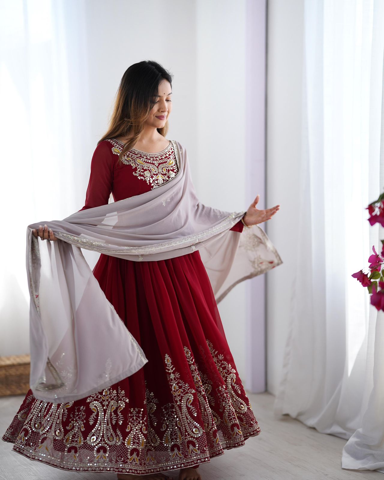 Elegant Embroidered Sequence Designer Anarkali 3 Piece Set