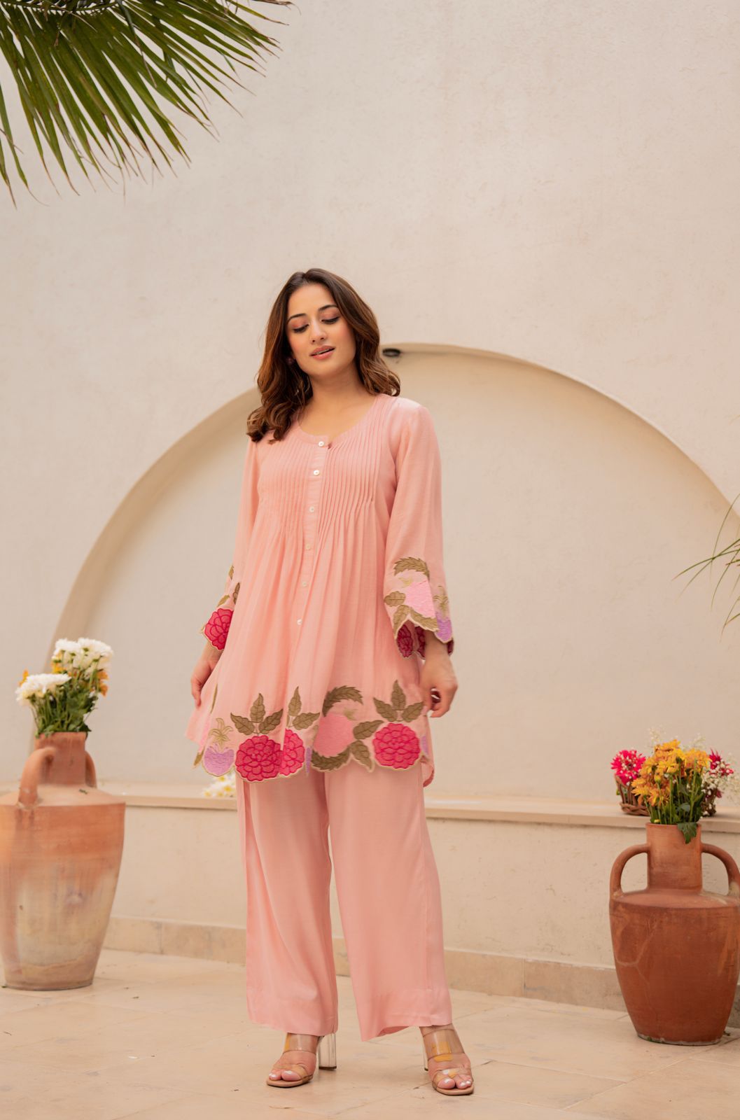 Chanderi Silk Embroidered Floral Co-Ord Set