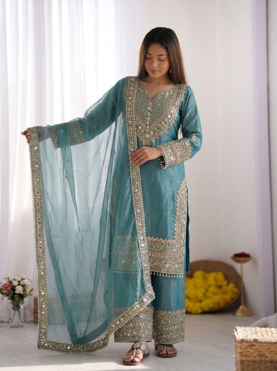 SW188 Fendy Silk Sharara Set - Teal green flat lay