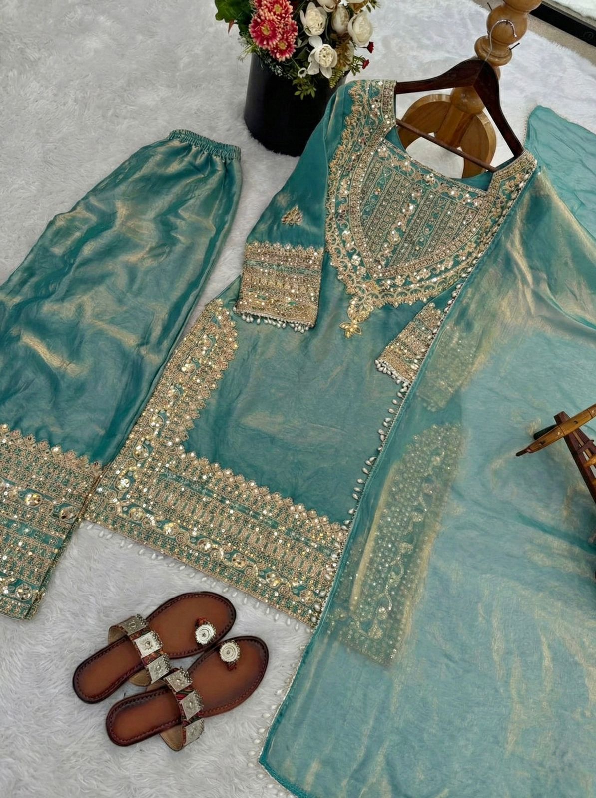 SW188 Fendy Silk Sharara Set - Blush pink flat lay