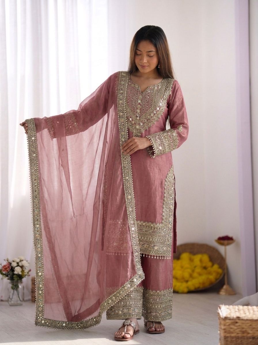 SW188 Fendy Silk Sharara Set - Sage green flat lay