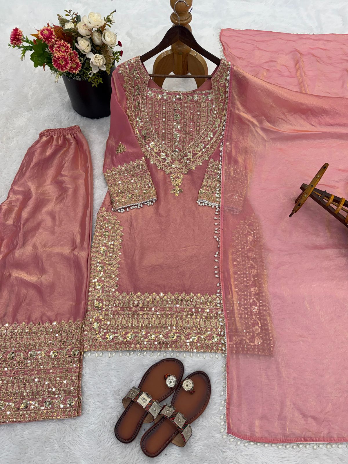 SW188 Fendy Silk Sharara Set - Mustard yellow flat lay