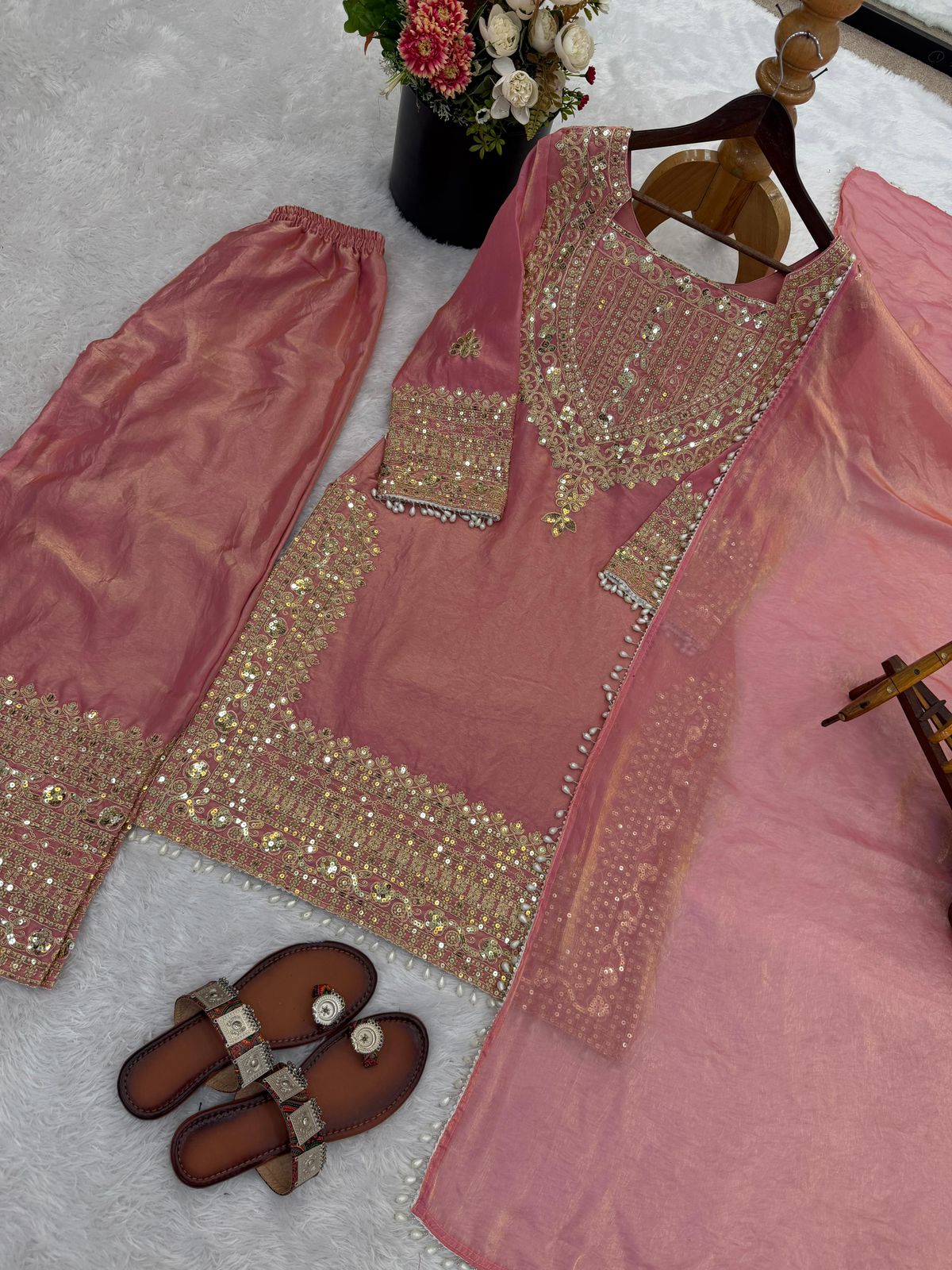 SW188 Fendy Silk Sharara Set - Olive green worn view