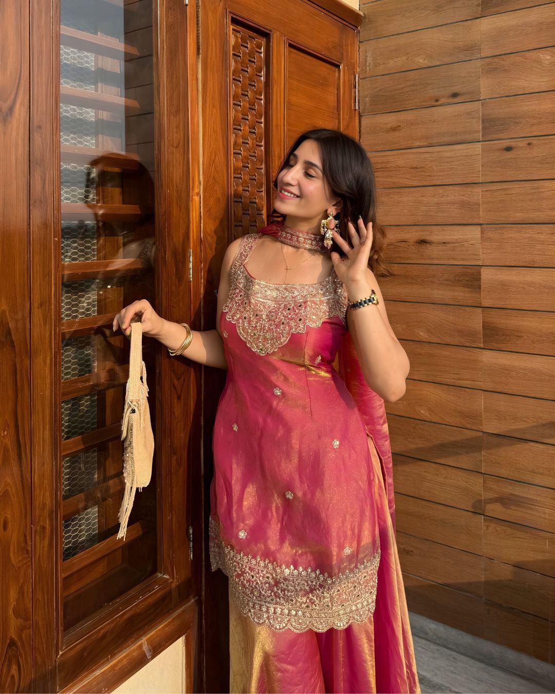 SW189 Heavy Fandy Silk Sharara Set - Pink worn view front