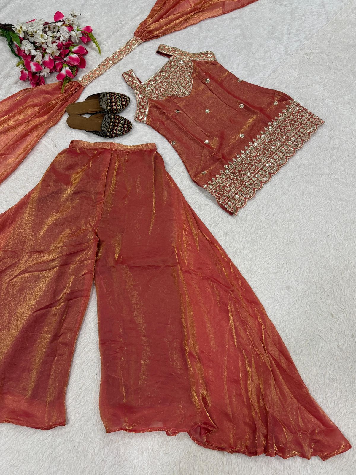 SW189 Heavy Fandy Silk Sharara Set - Rust orange flat lay