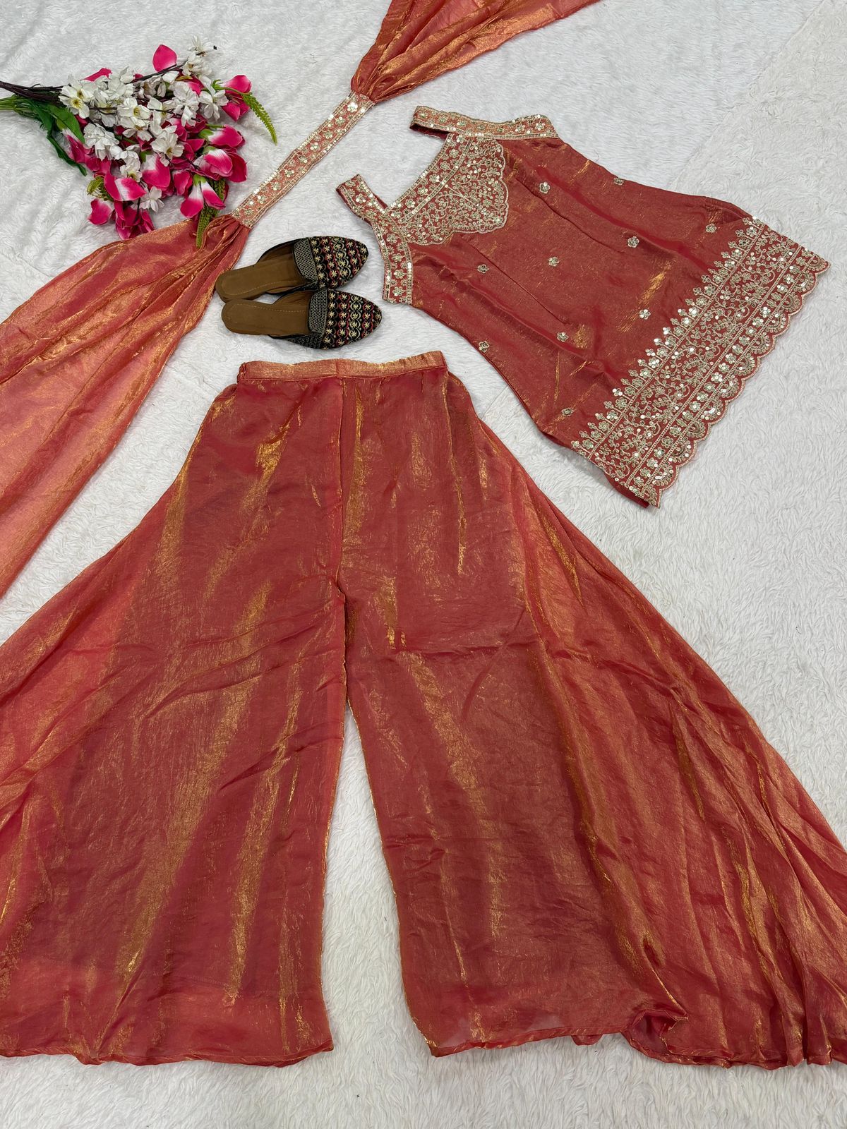 SW189 Heavy Fandy Silk Sharara Set - Olive green flat lay top