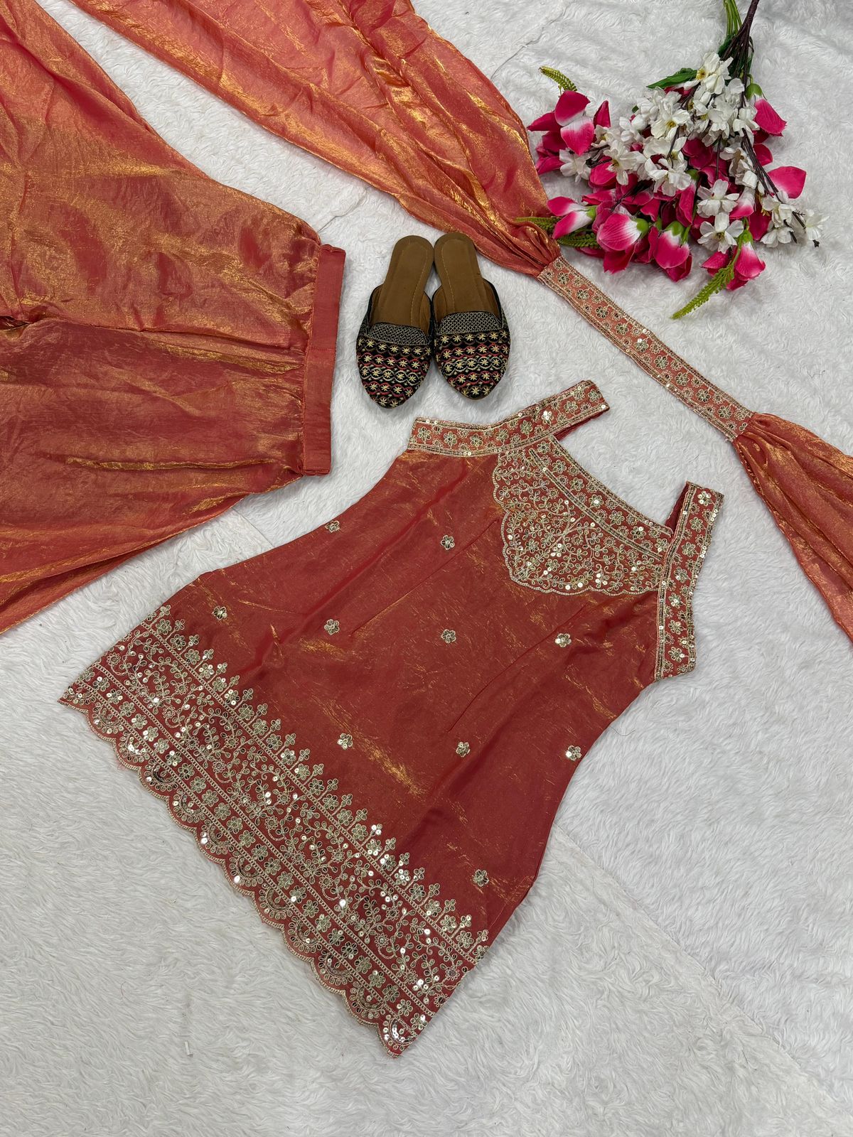 SW189 Heavy Fandy Silk Sharara Set - Pink worn view side