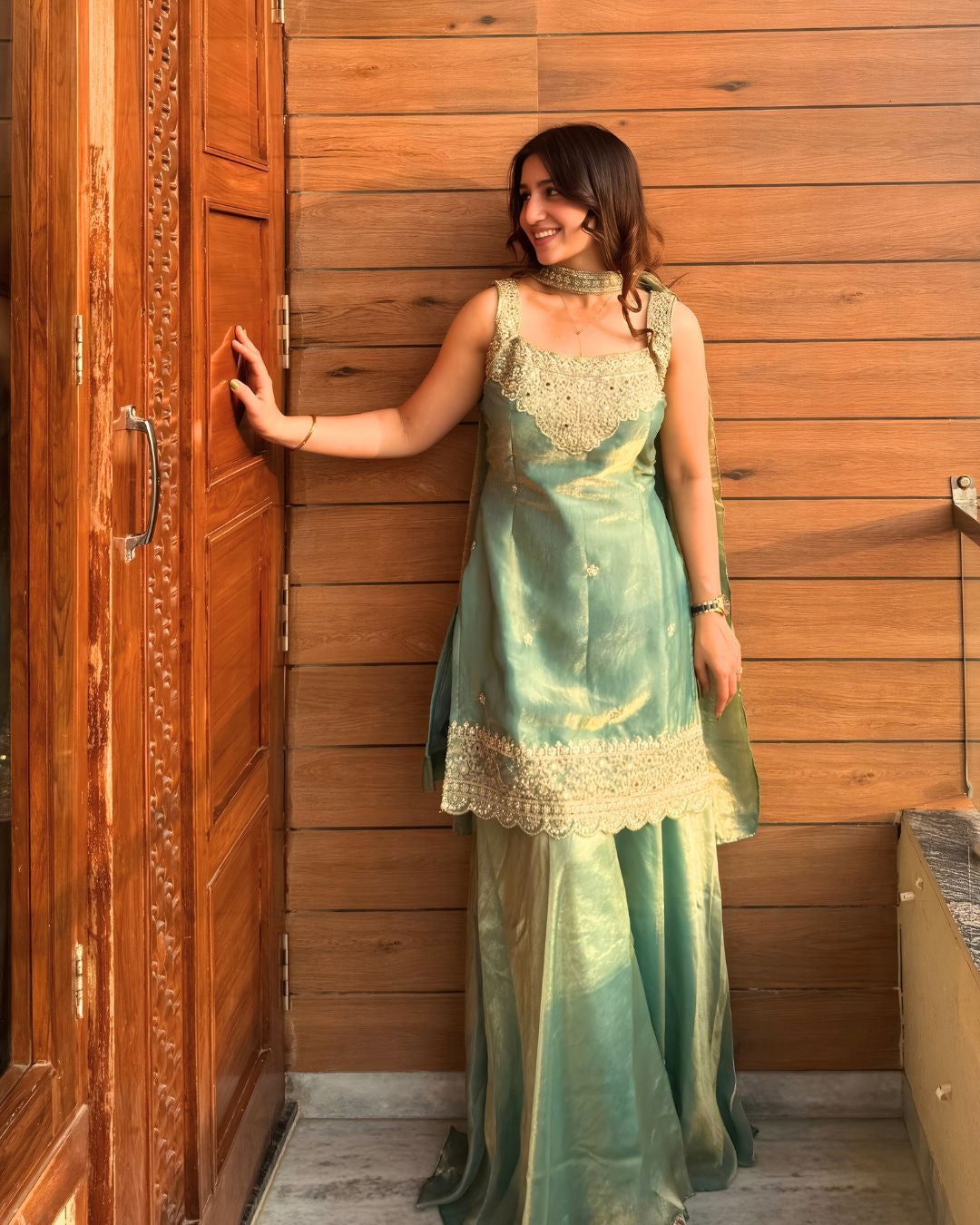 SW189 Heavy Fandy Silk Sharara Set - Olive green flat lay full set