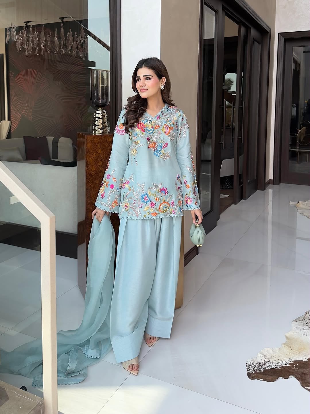 SW190 Sky blue crape silk embroidered farsi salwar suit flat lay full set