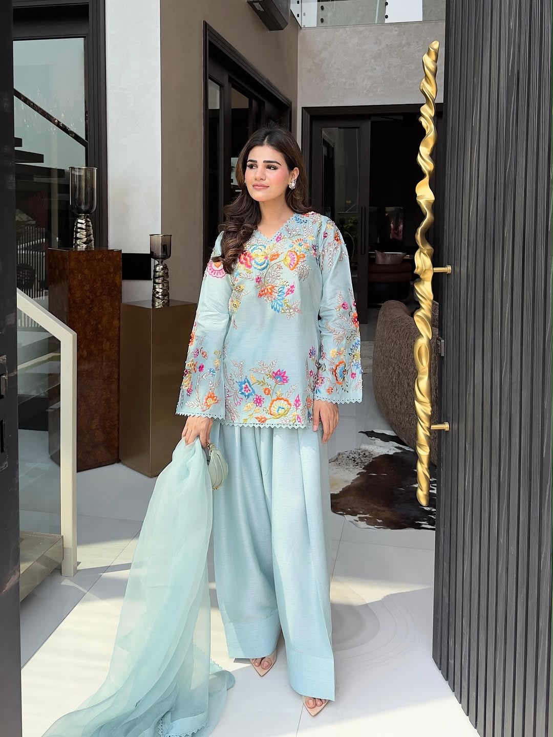 SW190 Sky blue crape silk embroidered farsi salwar suit flat lay top