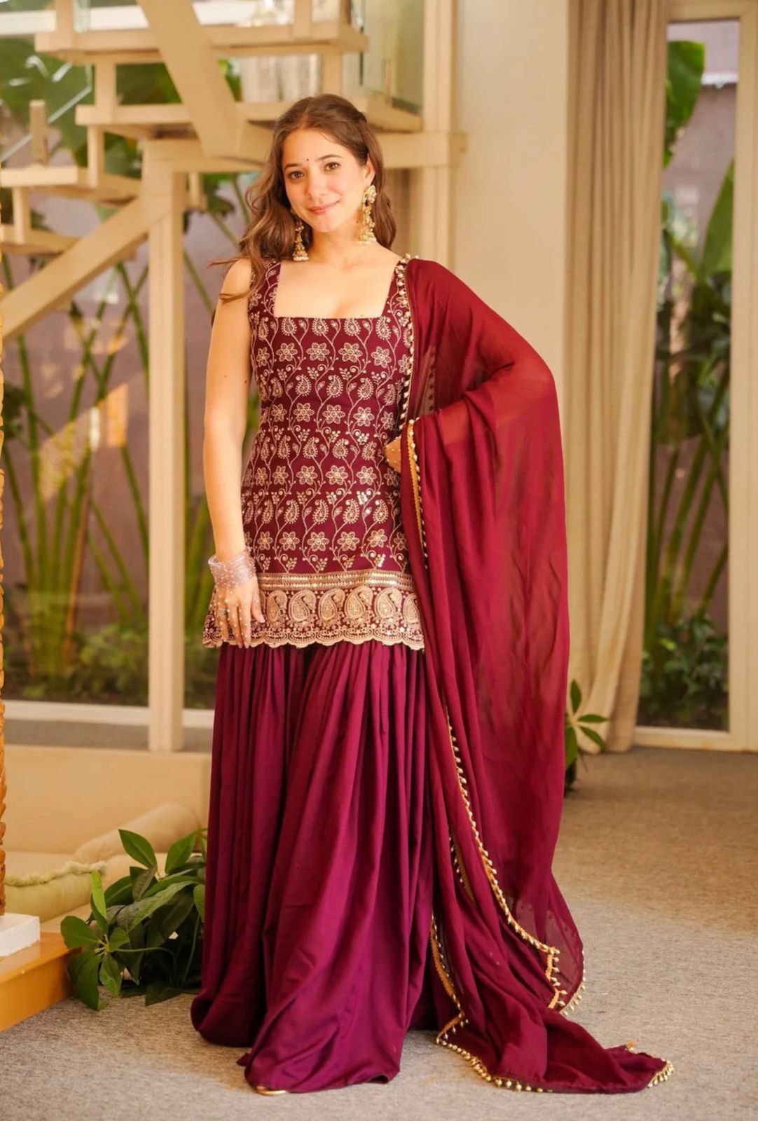 SW191 Maroon blooming georgette embroidery sharara palazzo flat lay full set