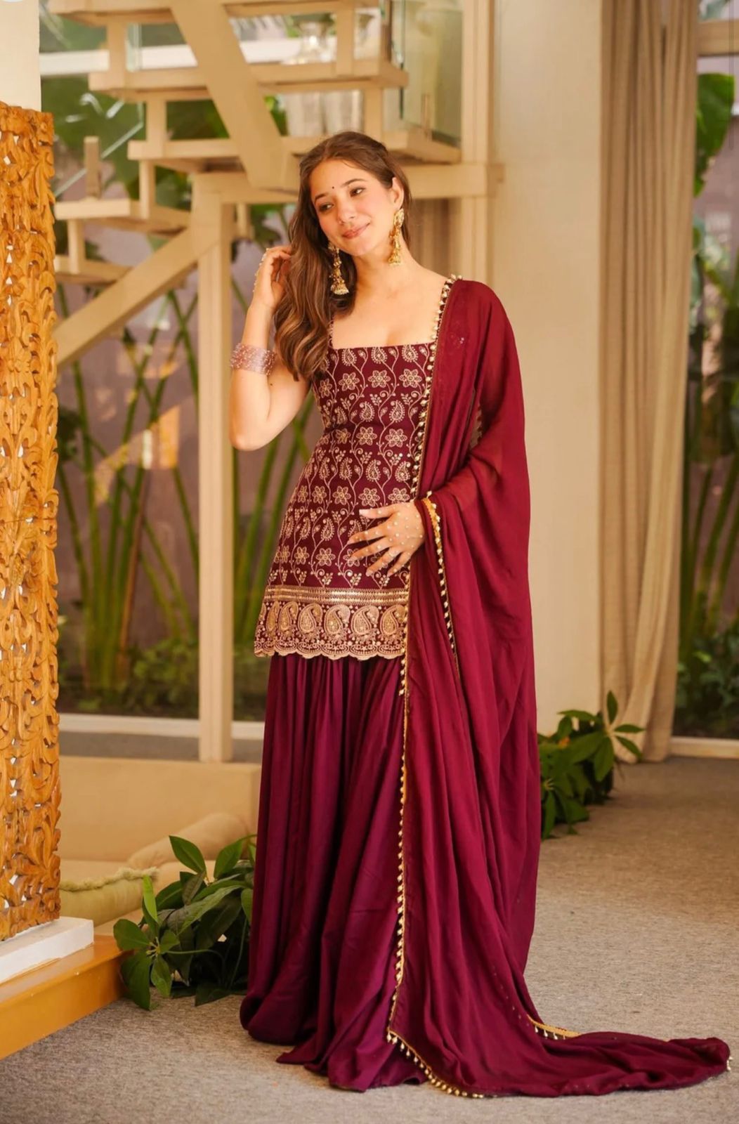SW191 Dark green georgette sharara palazzo worn view with dupatta