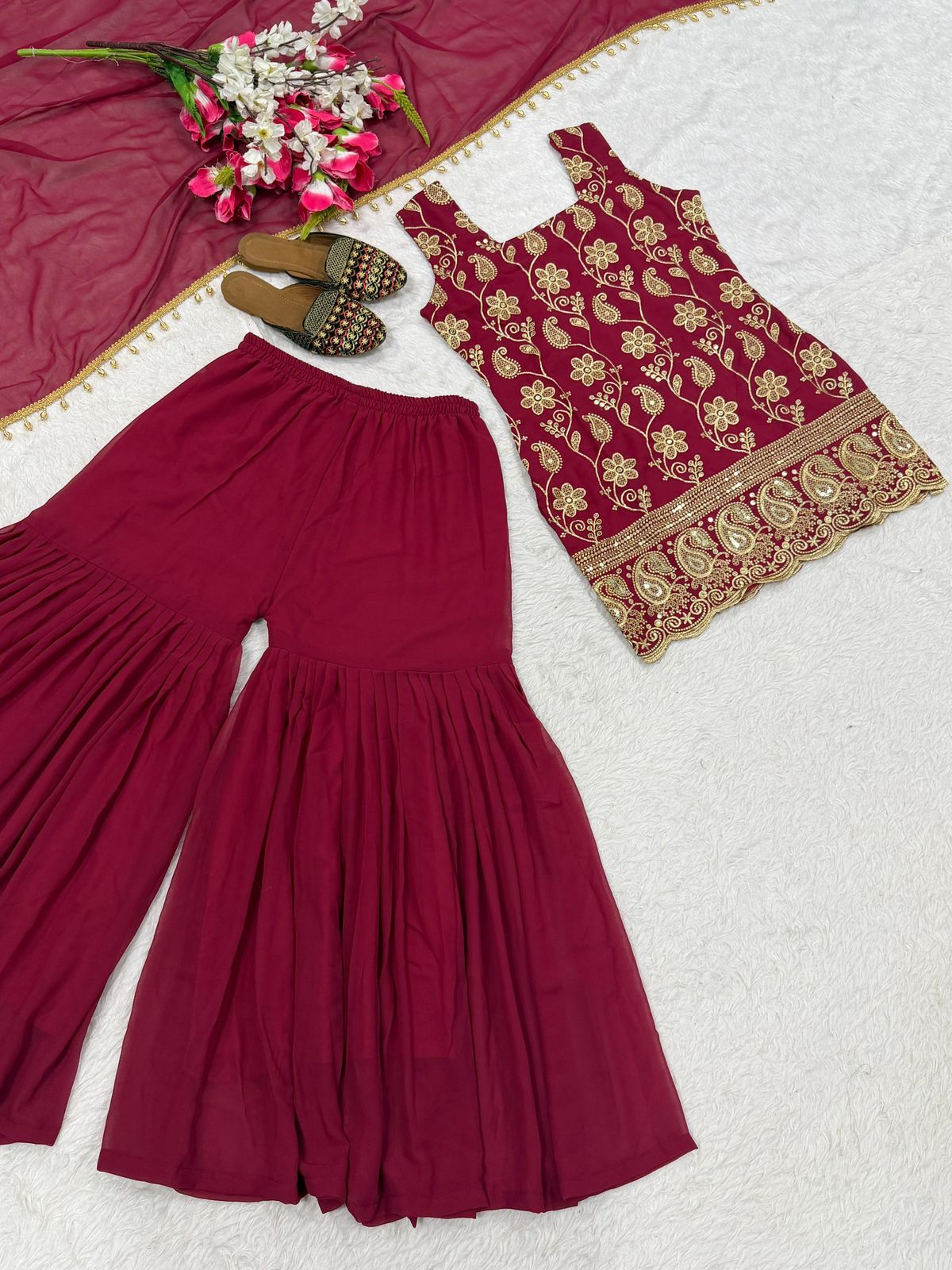 SW191 Dark green georgette sharara palazzo flat lay full set