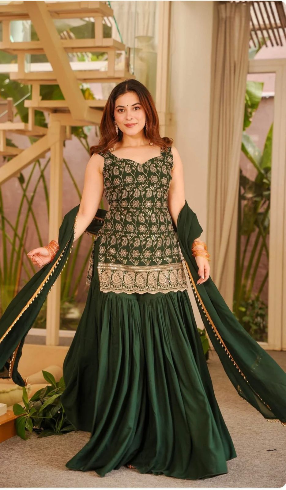 SW191 Dark green georgette sharara palazzo worn view side pose