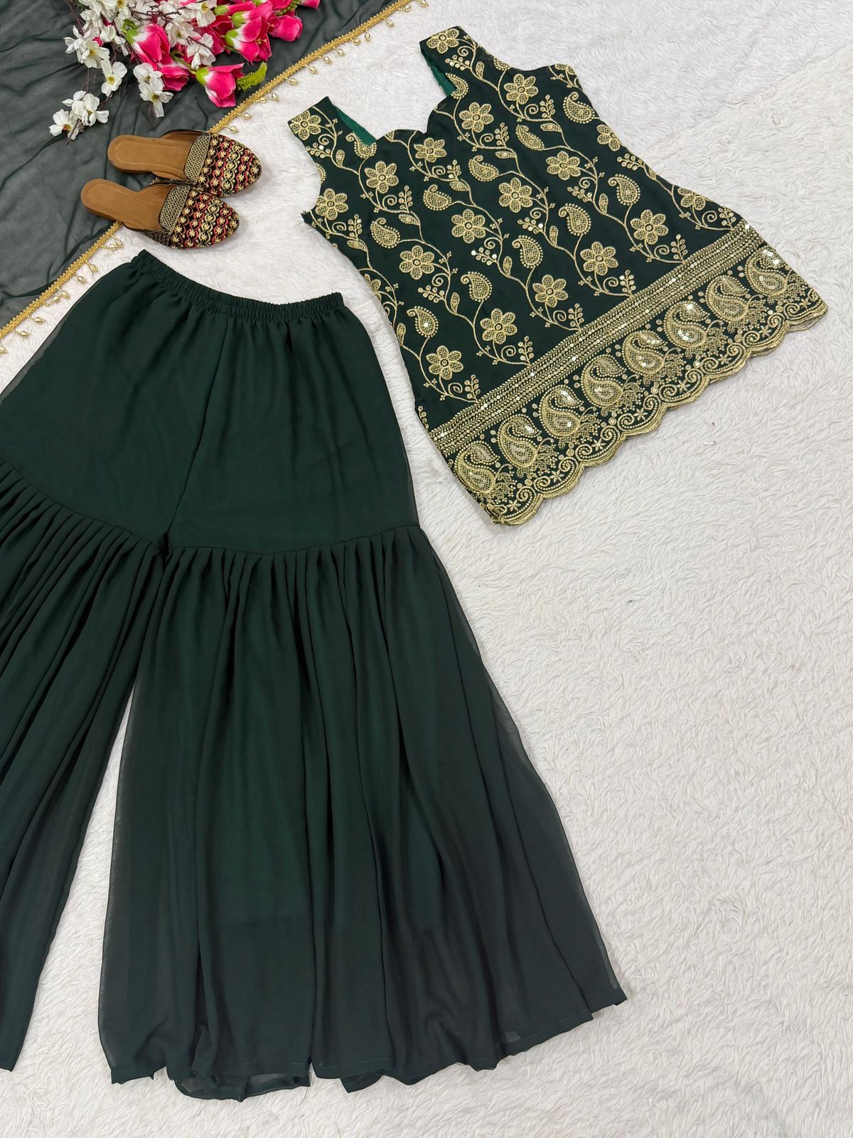 Heavy Blooming Faux Georgette Embroidery Sharara Palazzo Set with Dupatta