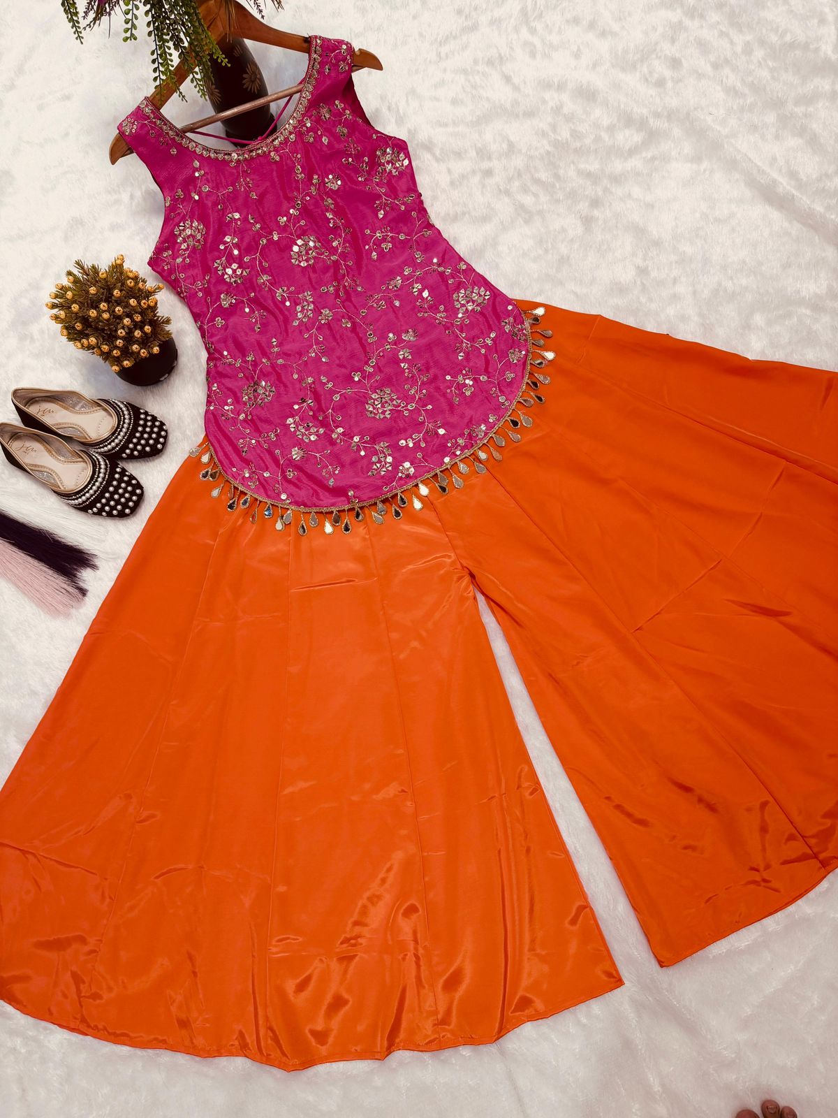 SW192 Pink top orange sharara worn view back outdoor