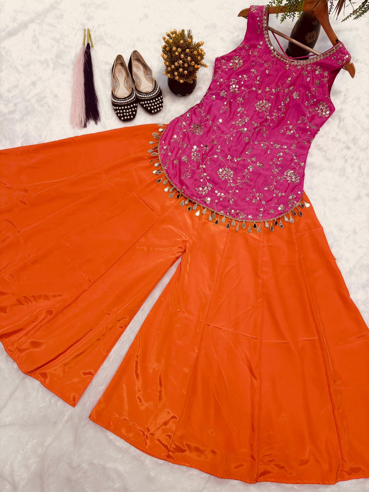 SW192 Pink top orange sharara flat lay full set view 2