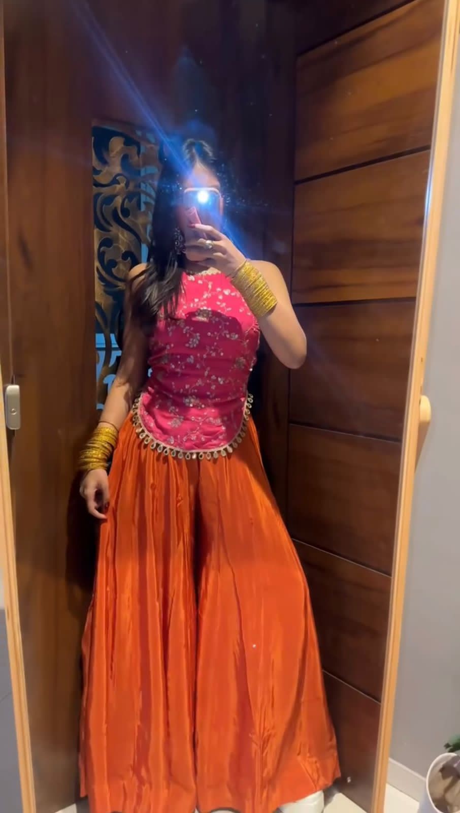 SW192 Pink top orange sharara worn view front outdoor smiling