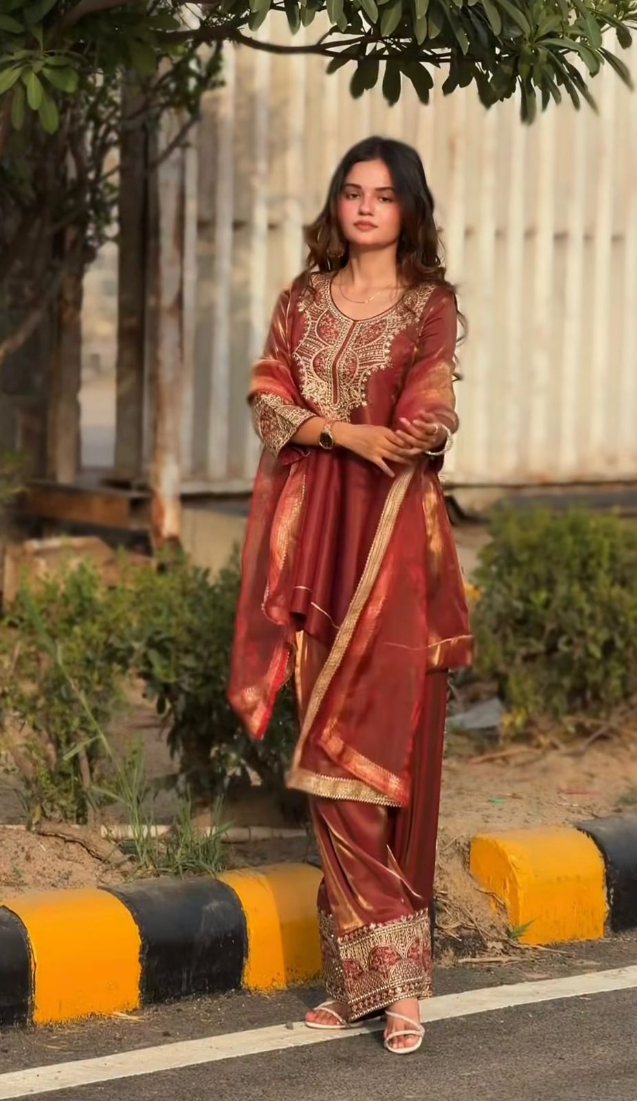 SW193 Rust red fandy silk embroidery farshi salwar suit worn view studio front