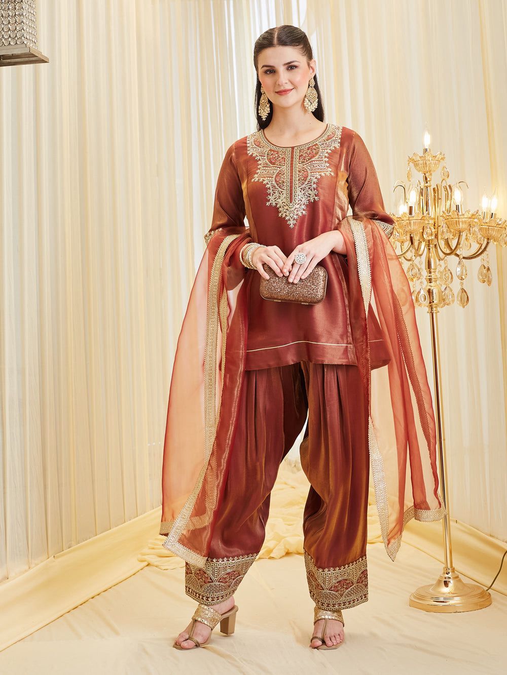 SW193 Rust red fandy silk top and farshi salwar flat lay full set
