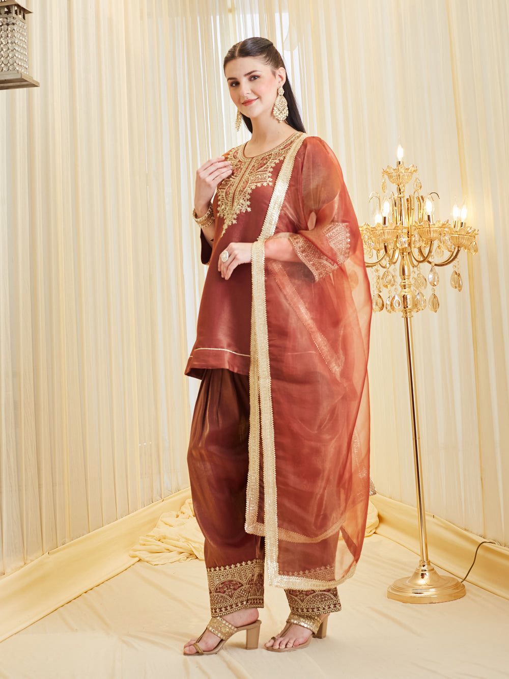 SW193 Rust red fandy silk top and farshi salwar flat lay close-up embroidery