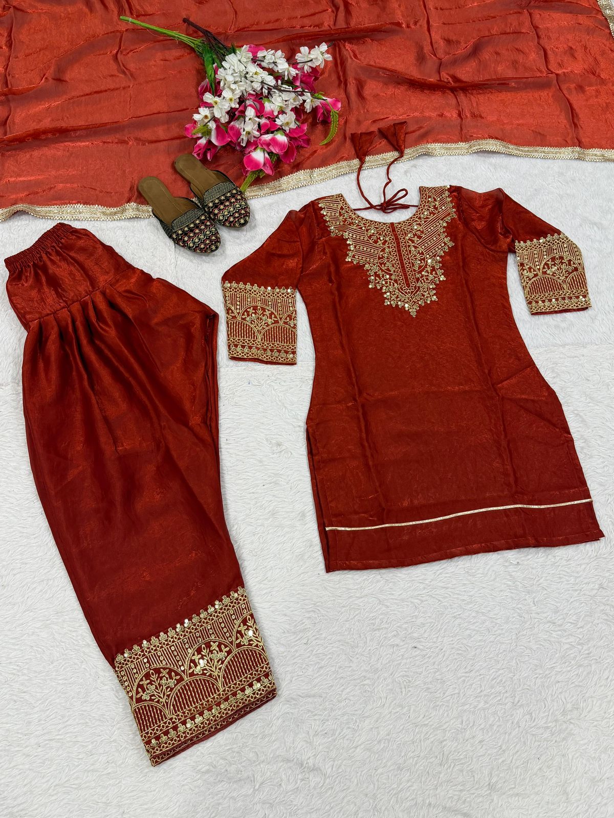SW193 Rust red fandy silk farshi salwar suit worn view studio side with dupatta