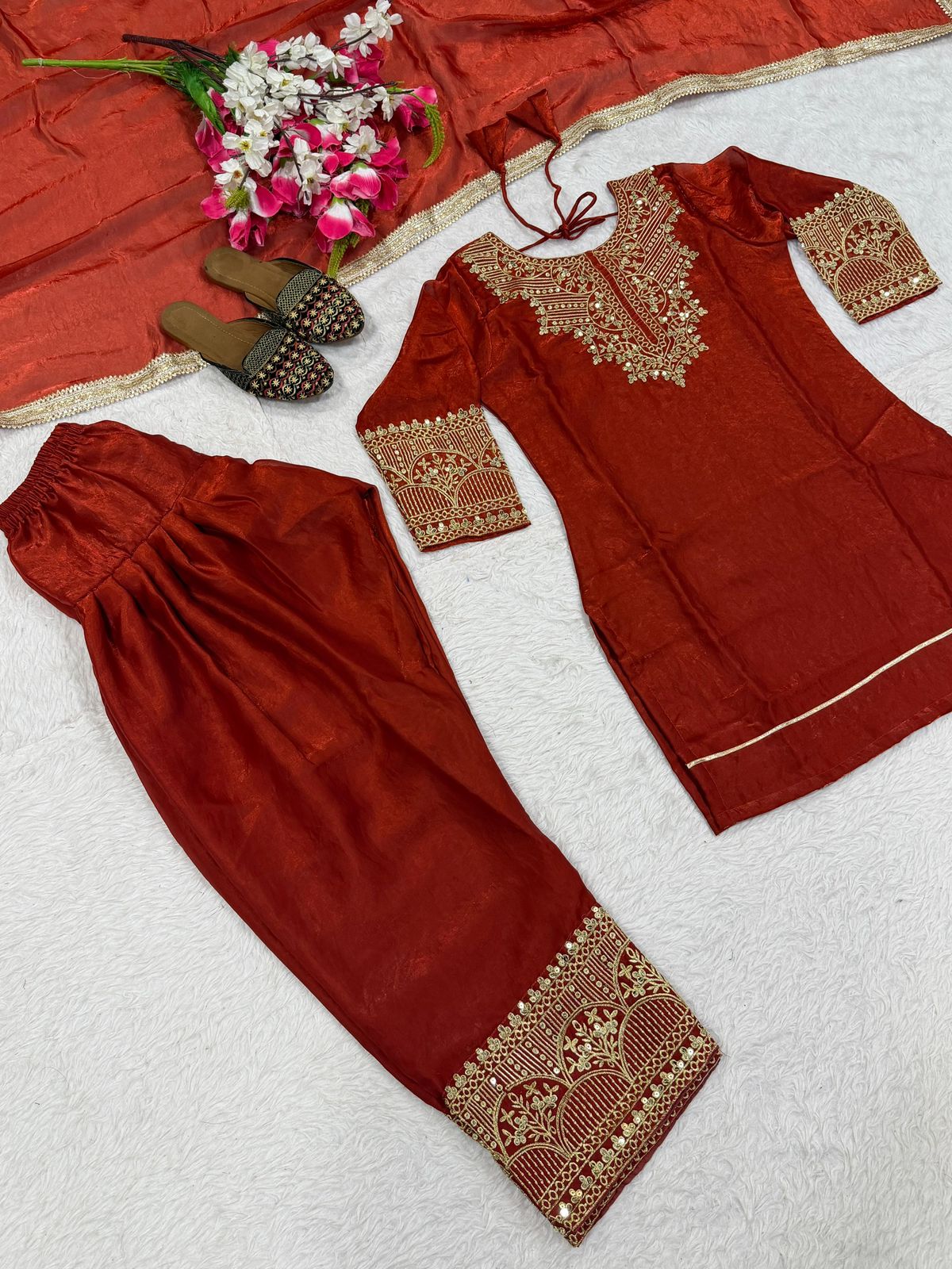 SW193 Rust red fandy silk top and farshi salwar flat lay full set view 3