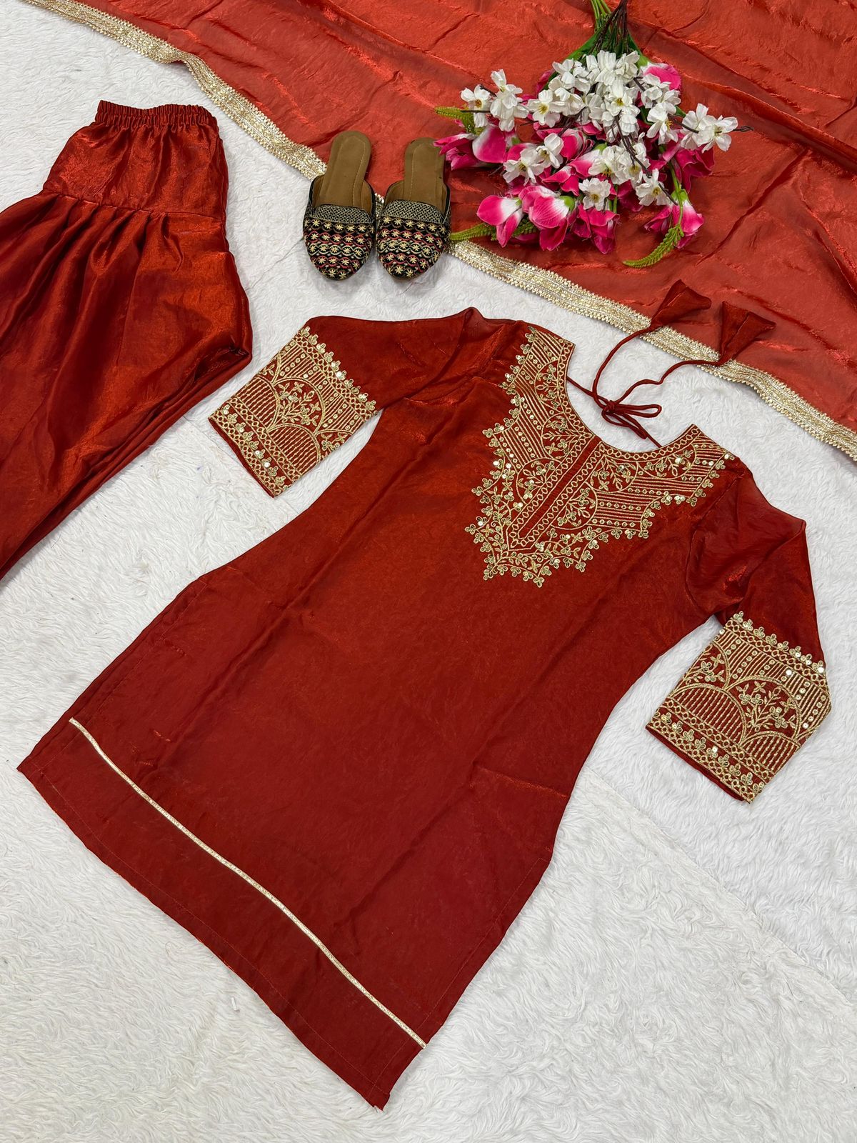 SW193 Rust red fandy silk top and farshi salwar flat lay full set view 2