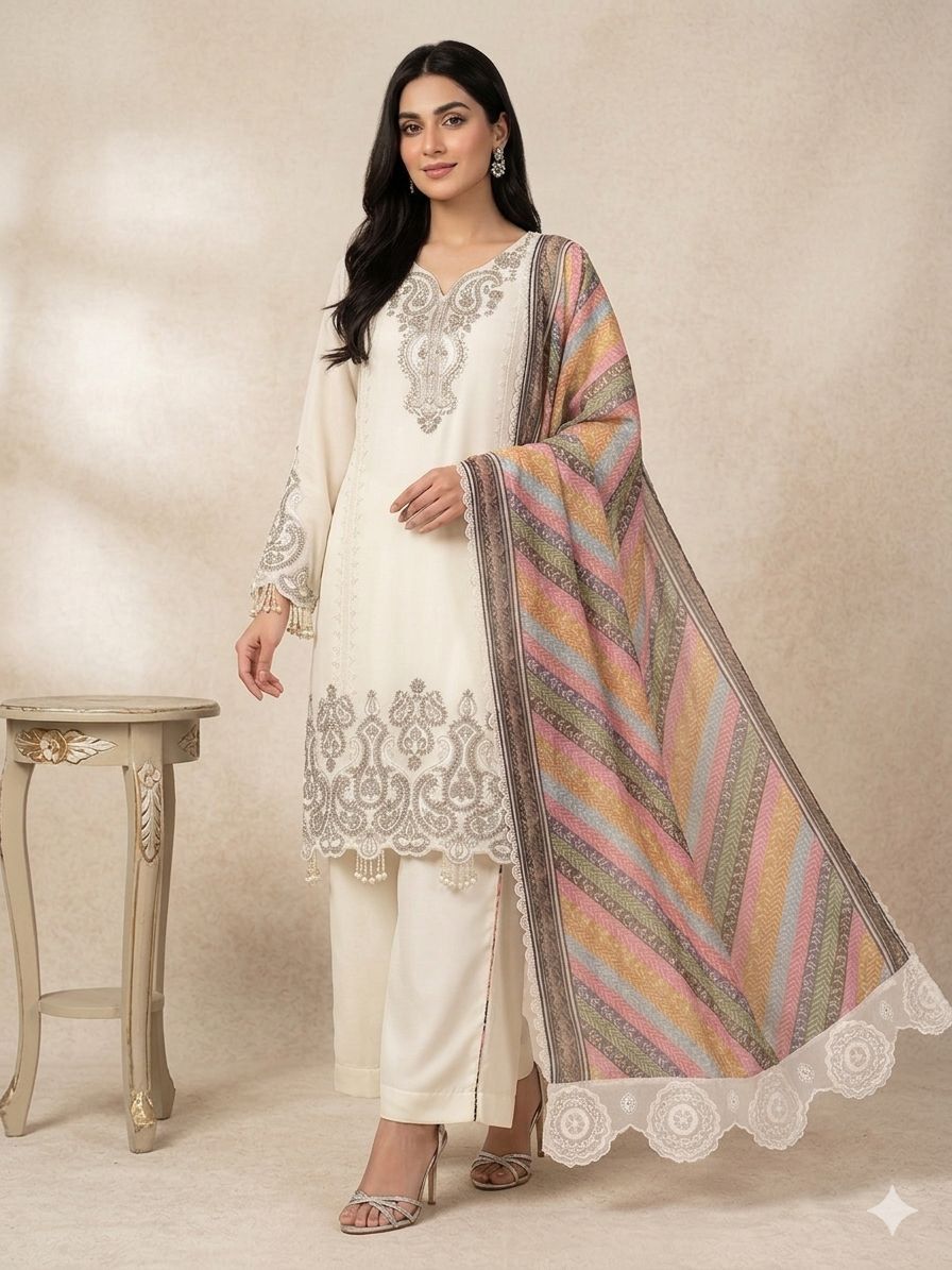 SW194 Off-white star georgette sequence embroidery palazzo suit worn view full length