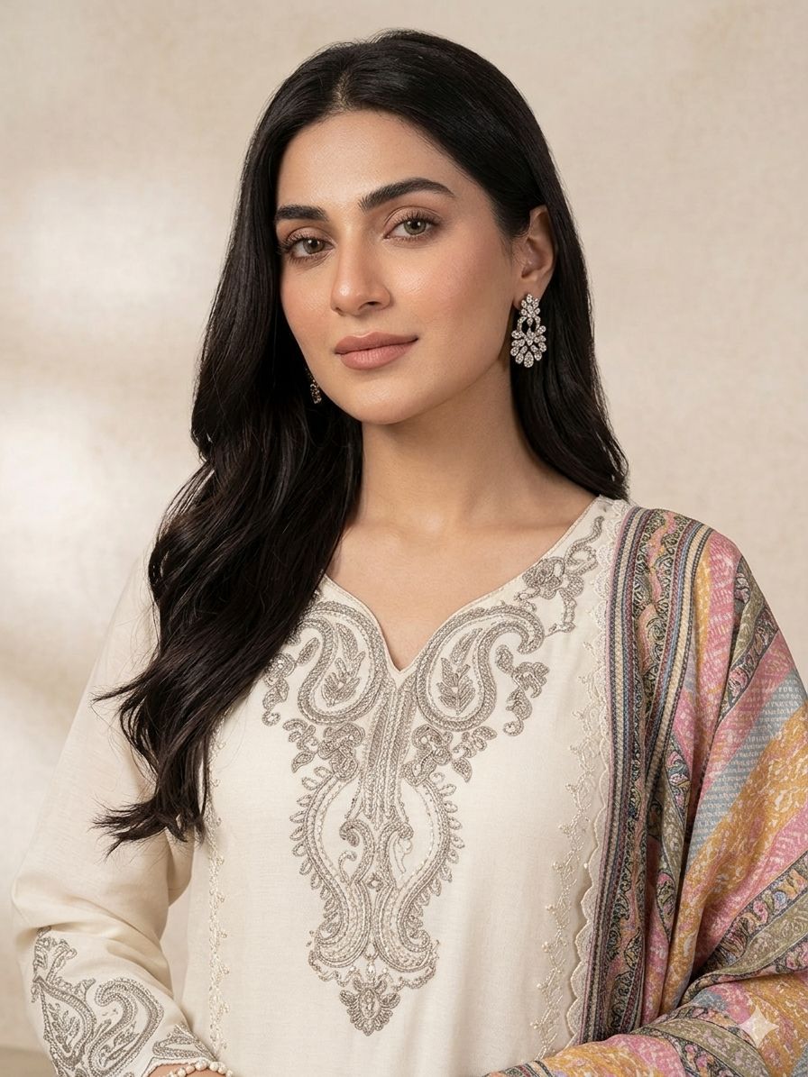 SW194 Off-white star georgette palazzo suit flat lay full set with dupatta