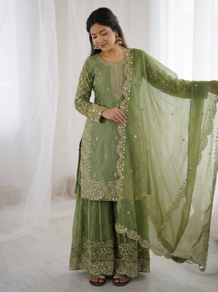 SW195 Maroon fendy silk embroidery sequence palazzo suit worn view full length