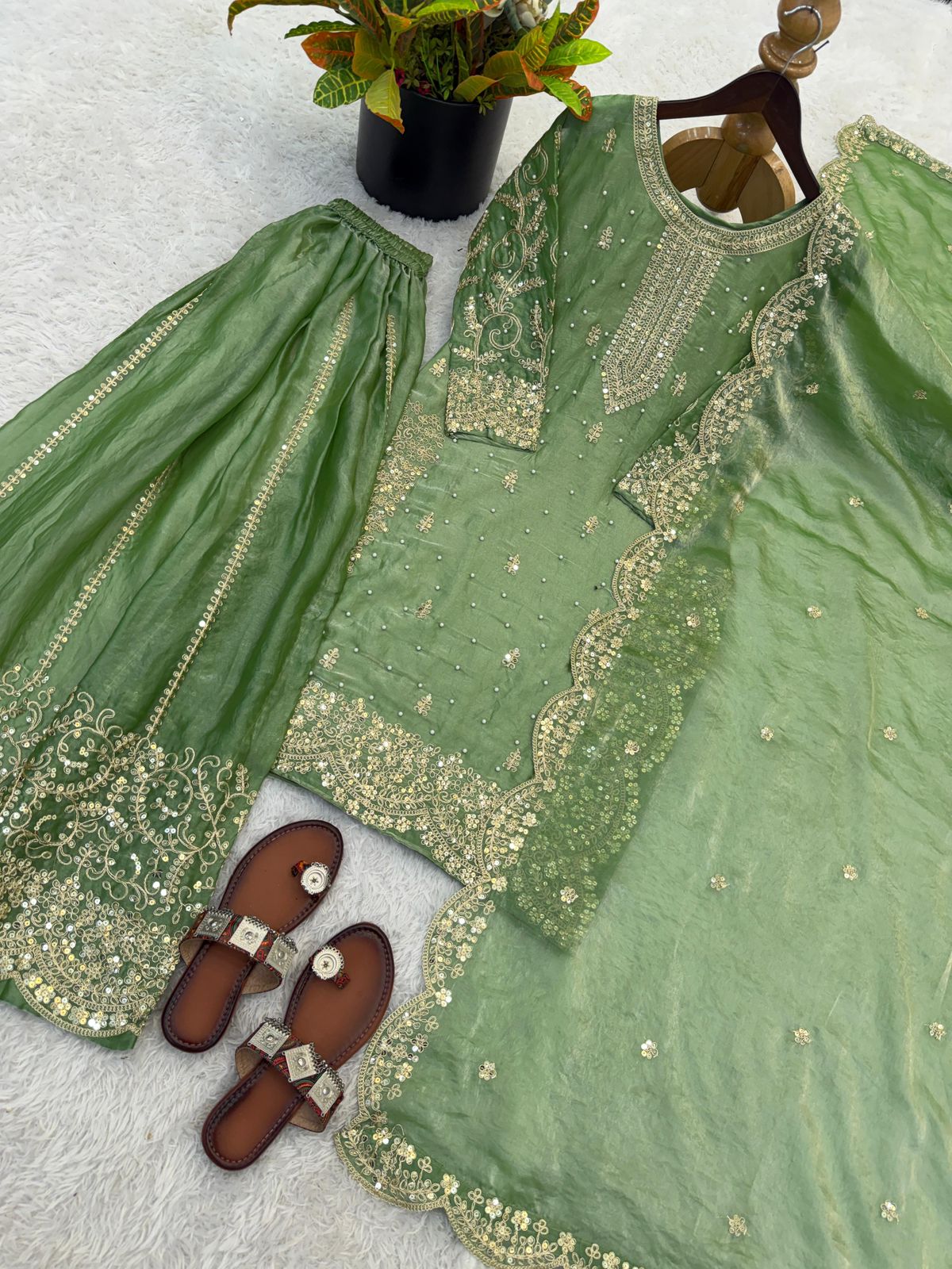 SW195 Maroon fendy silk embroidery palazzo set flat lay full set