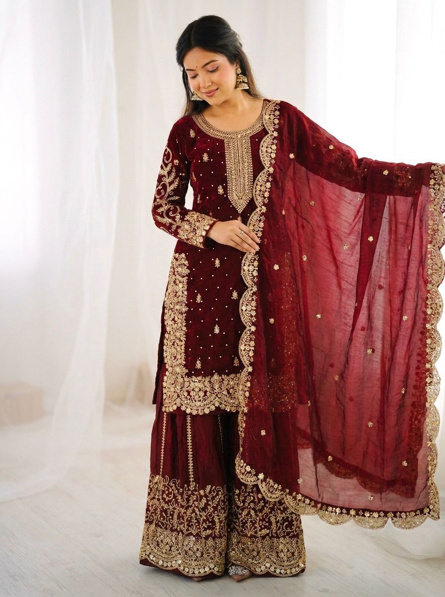 SW195 Purple fendy silk embroidery palazzo set flat lay full set view 2