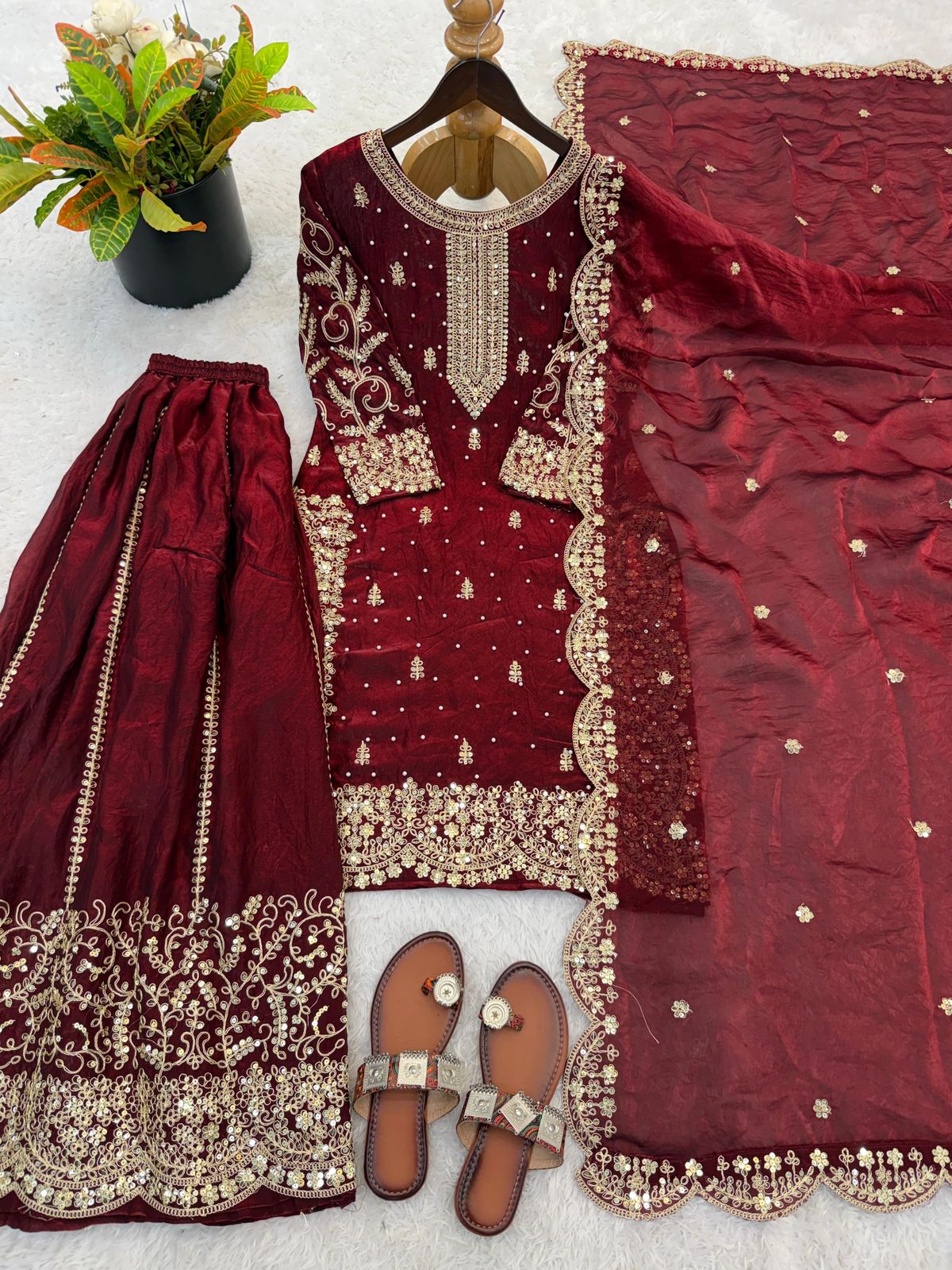SW195 Purple fendy silk embroidery sequence palazzo suit worn view full length