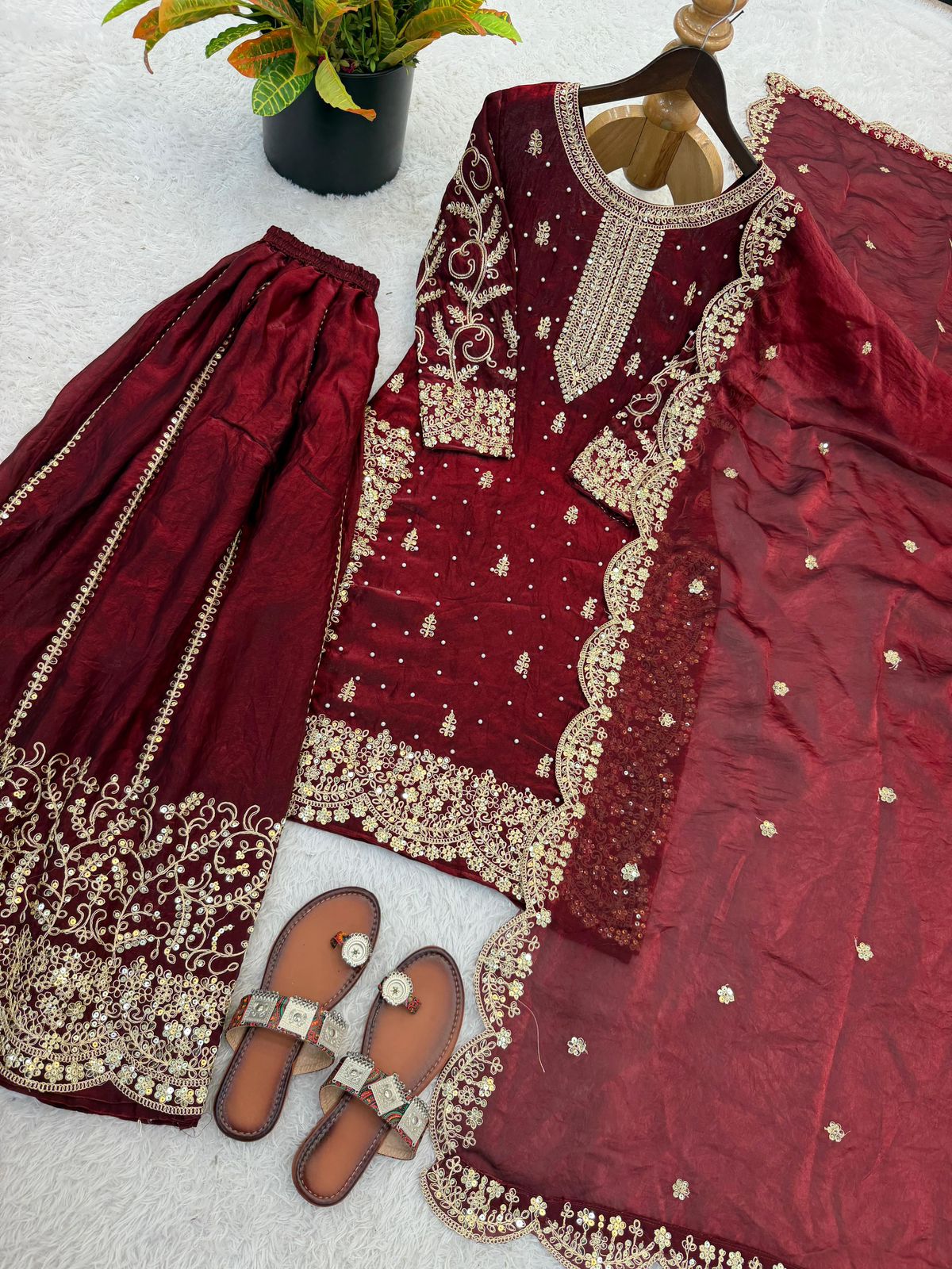 SW195 Teal fendy silk embroidery palazzo set flat lay full set