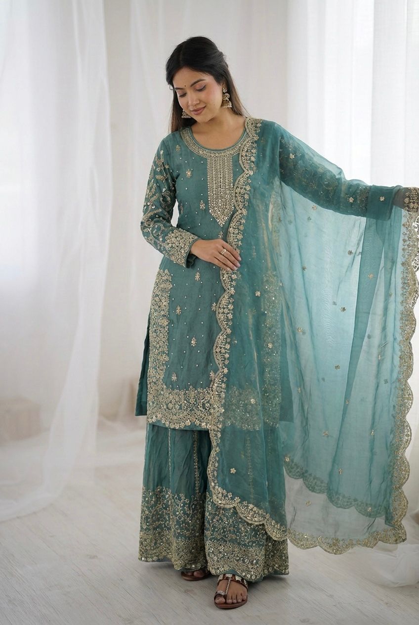 Fendy Silk Embroidery & Sequence Palazzo Set with Dupatta