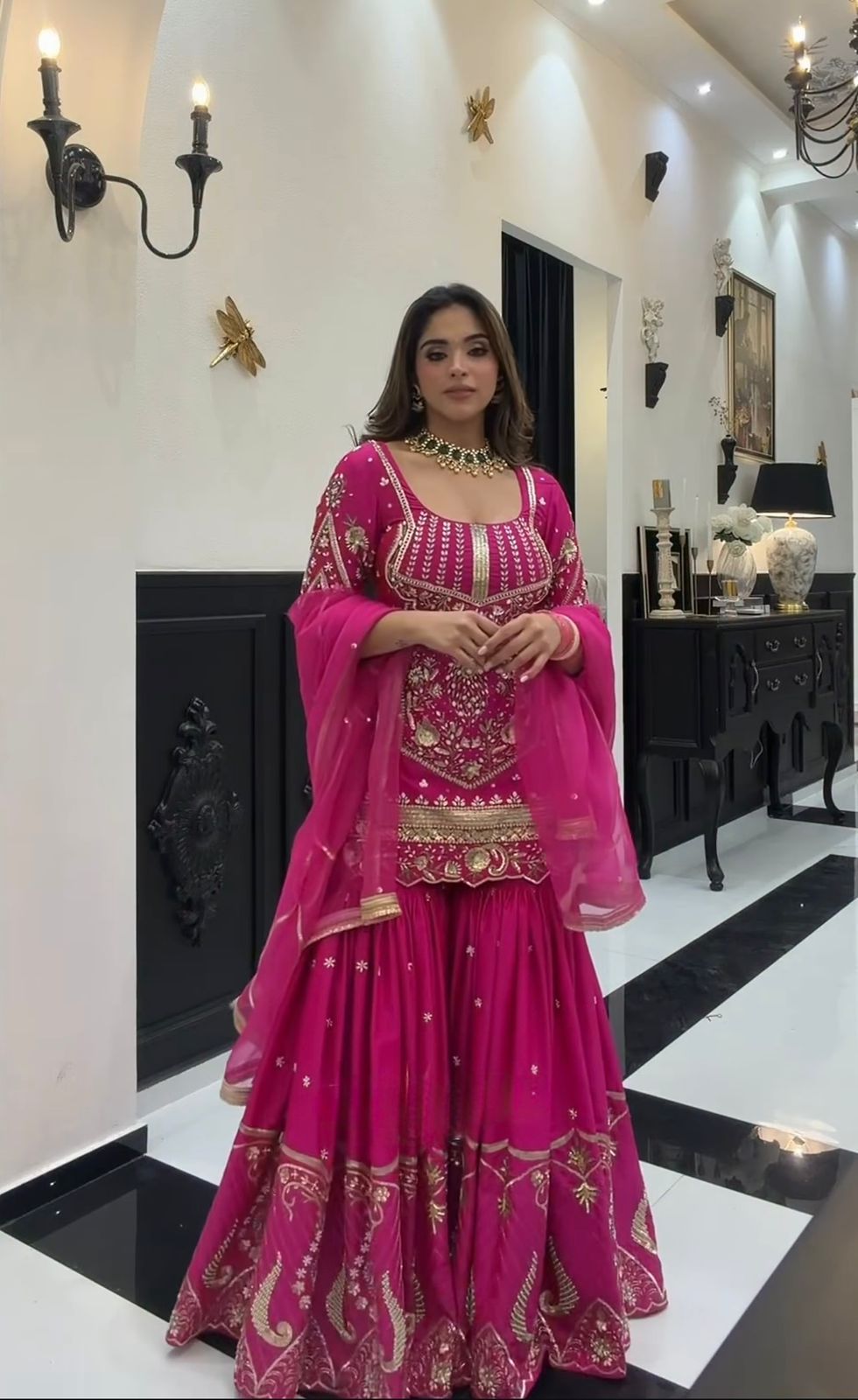 SW196 Magenta pink sindoor silk sequence embroidery sharara palazzo worn view side studio