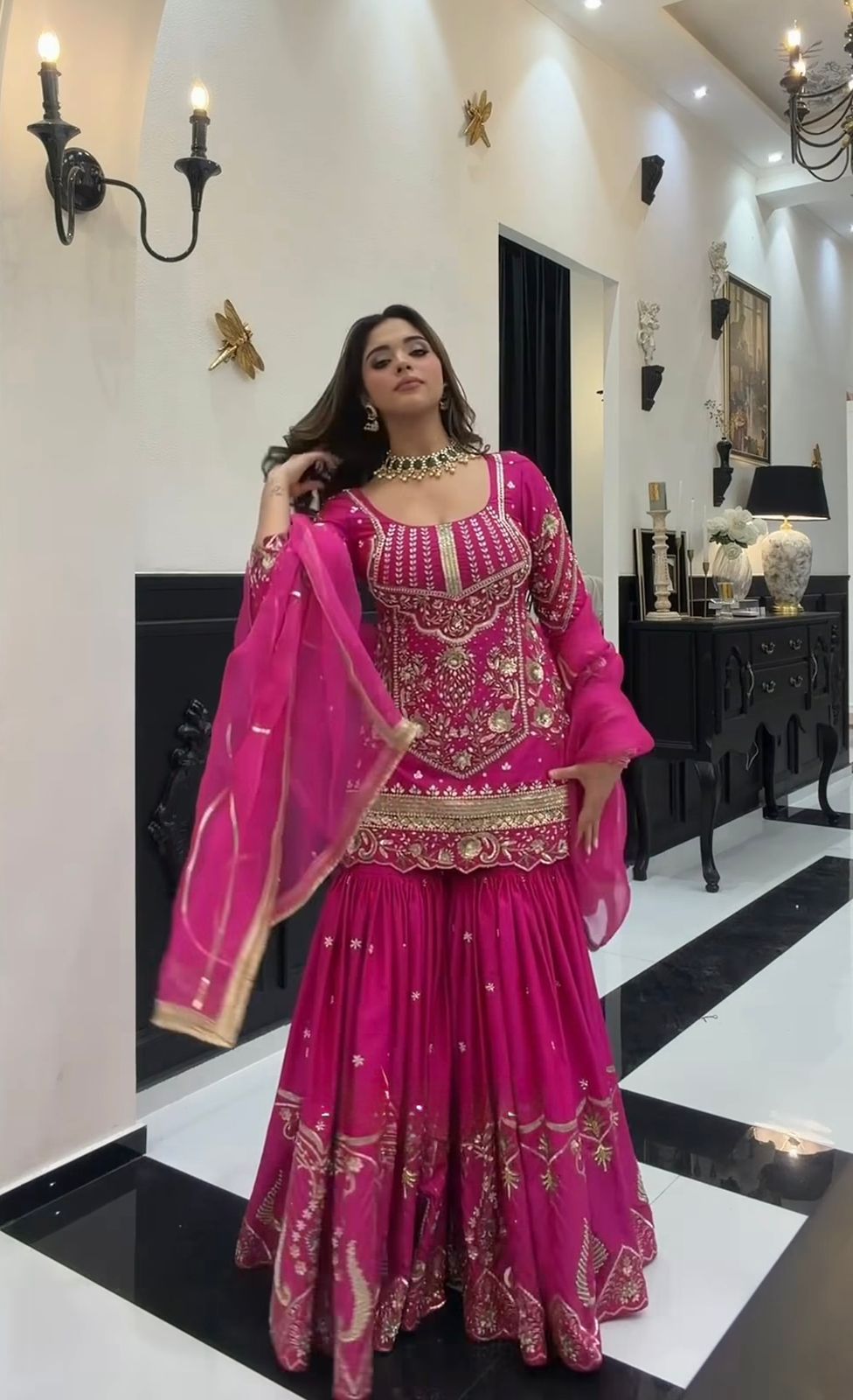 SW196 Magenta pink sindoor silk sequence embroidery sharara palazzo worn view front studio