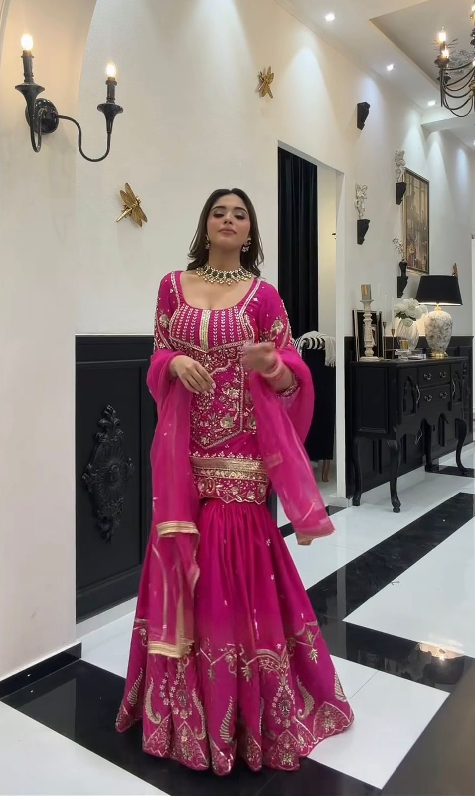SW196 Magenta pink sindoor silk sharara palazzo worn view full length studio
