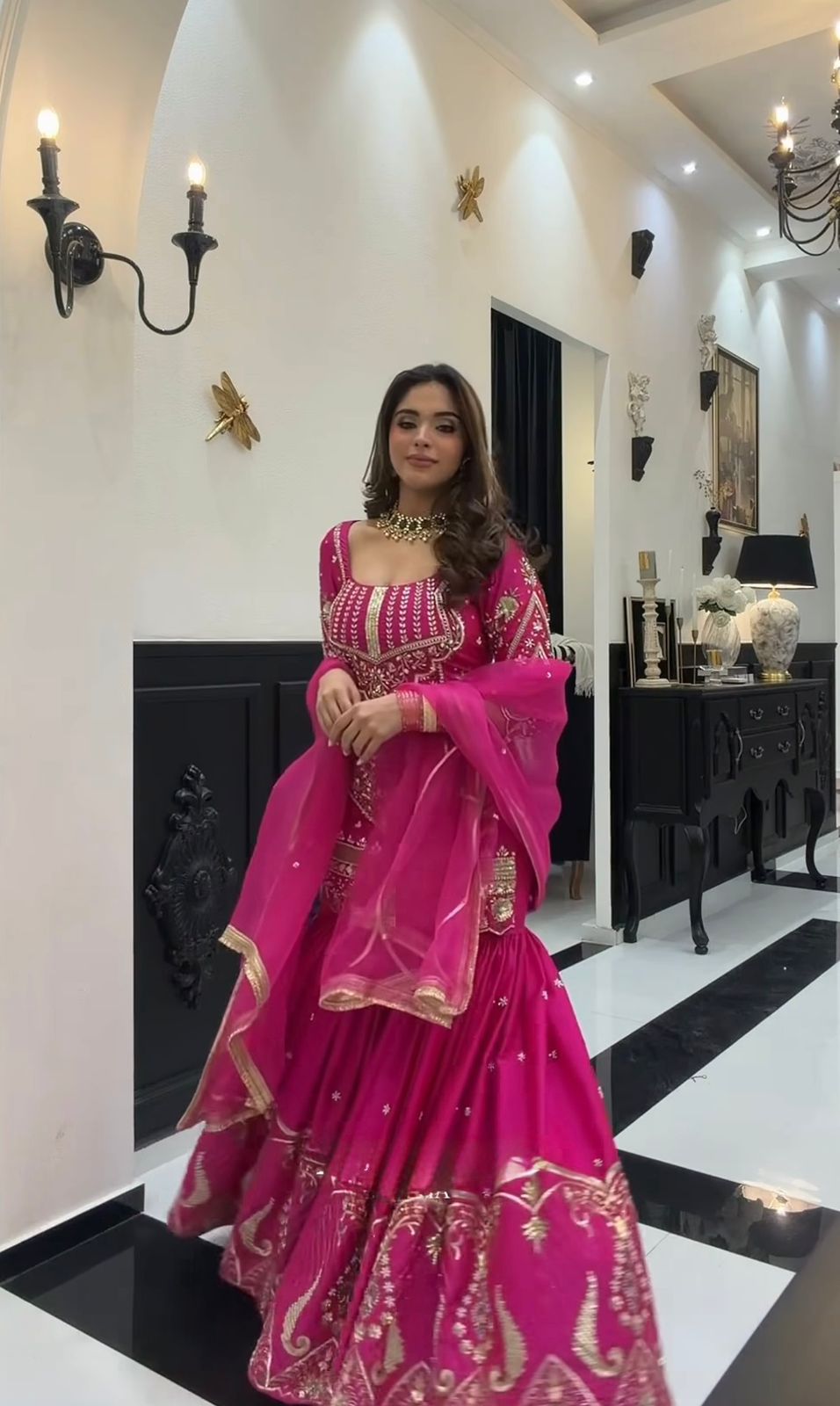 SW196 Magenta pink sindoor silk sharara palazzo flat lay full set view 2 with pink dupatta